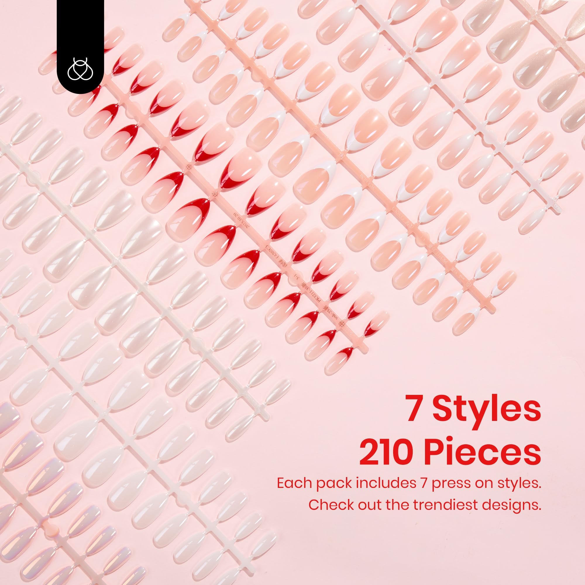 Beetles Red Press On Nails Almond Shape - 15 Sizes & 7 Styles Glazed Red Fake Nails with French Tips - Medium Almond Nail Extensions with Pre-Applied Primer - Perfect for Parties, Weddings, and Daily Wear