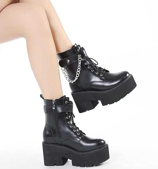 Gothic Women's Platform Motorcycle Boots - Mid Calf Black Patent Leather Goth Boots for Biker Fashion & Alternative Style | Perfect for Concerts, Nightclubs, and Motorcycle Riding