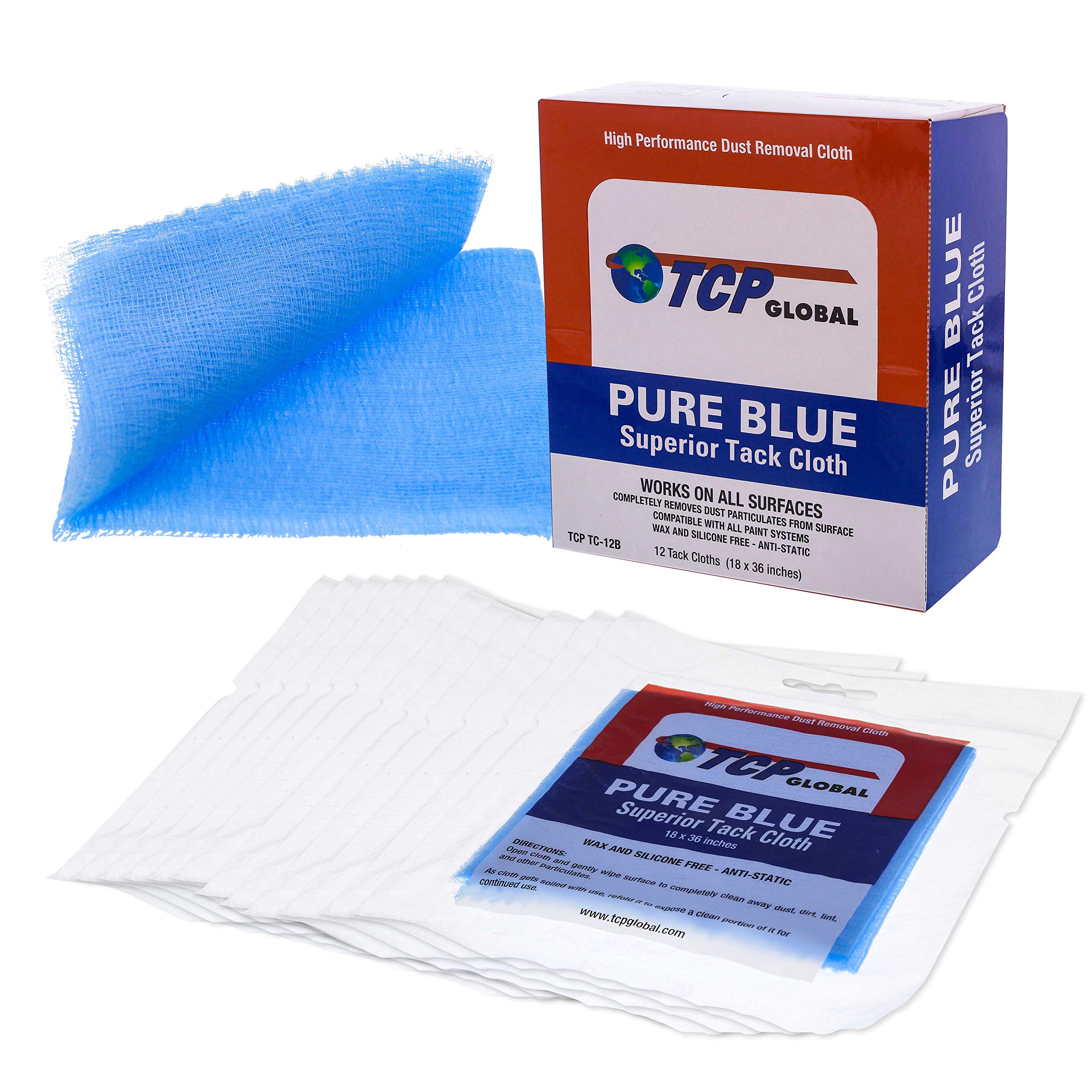 TCP Global Pure Blue Superior Tack Cloth - 144-Pack for Automotive & Woodworking | Dust, Stain & Paint Removal | High-Tack Cleaning Rags for Auto Body & DIY Projects | Perfect for Car Detailing, Furniture Refinishing & Workshop Cleaning