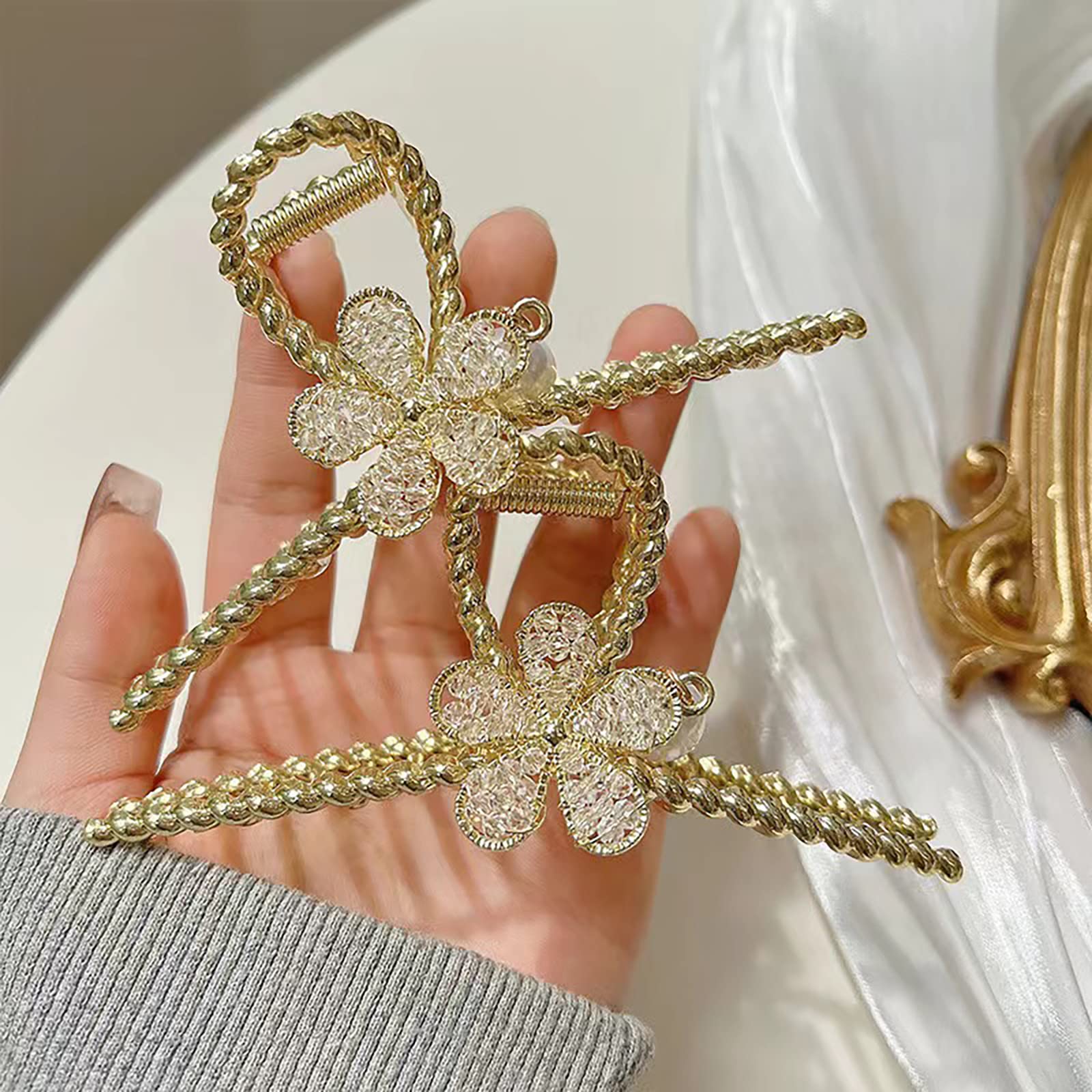 Elegant Crystal Flower Hair Clips for Women - Gold Metal Claw Hairpins for Thick Hair | Non-Slip Pearl Hair Accessories for Women & Girls | Perfect for Weddings, Parties & Daily Styling