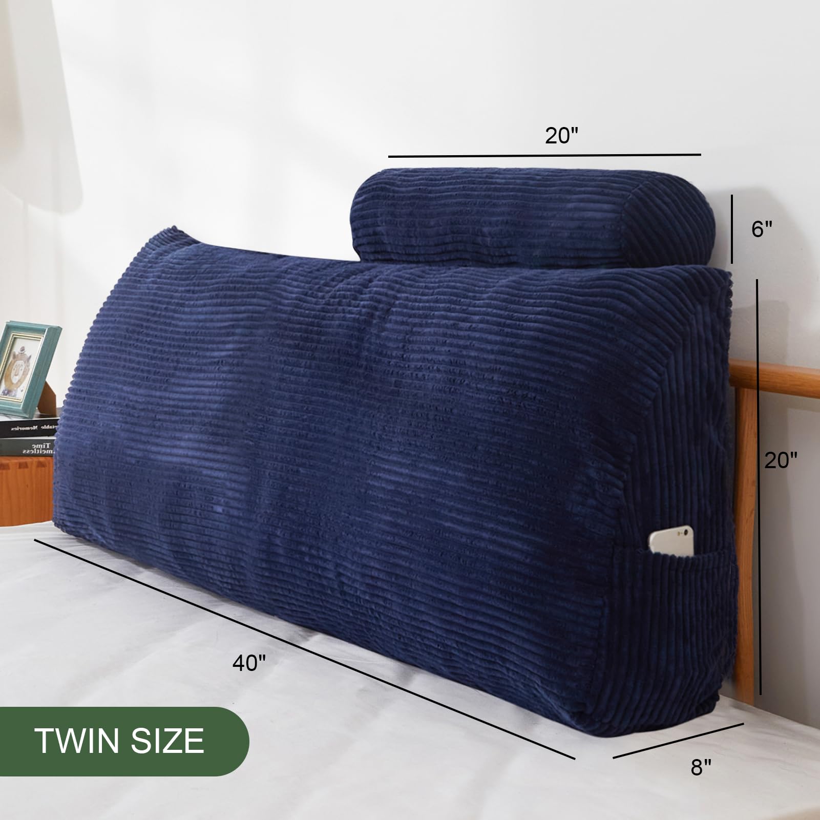 MAXYOYO Wedge Headboard Pillow with Cylindrical Neck Support Pillow & Removable Washable Cover - Blue | Bed Backrest for Reading, Watching TV & Relaxing in Bed