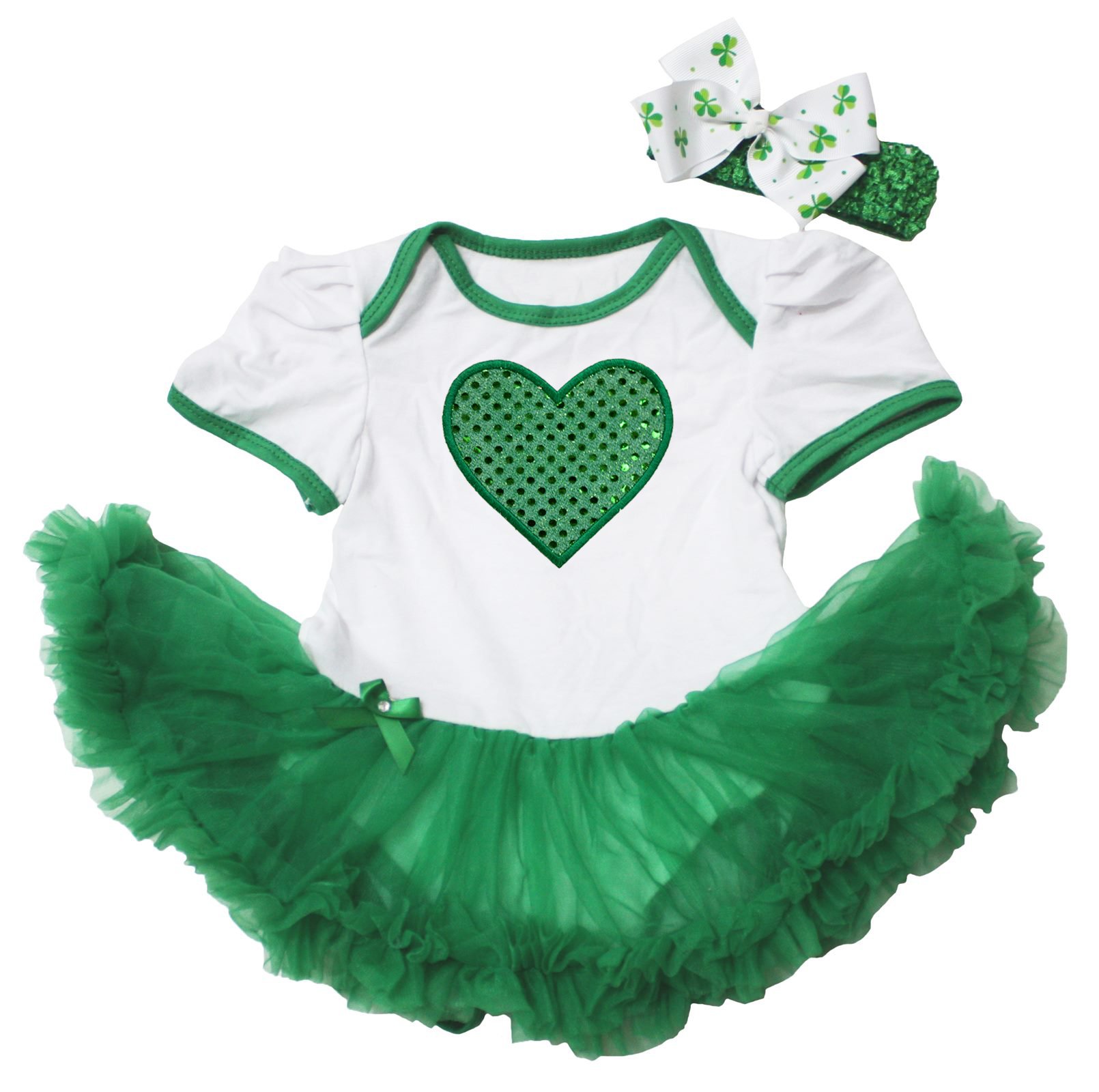 Petitebella Green Sequins Heart White Bodysuit with Tutu Skirt - Baby Girl Dress Newborn to 18 Months | Perfect for Photoshoots, Birthday Parties & Special Occasions