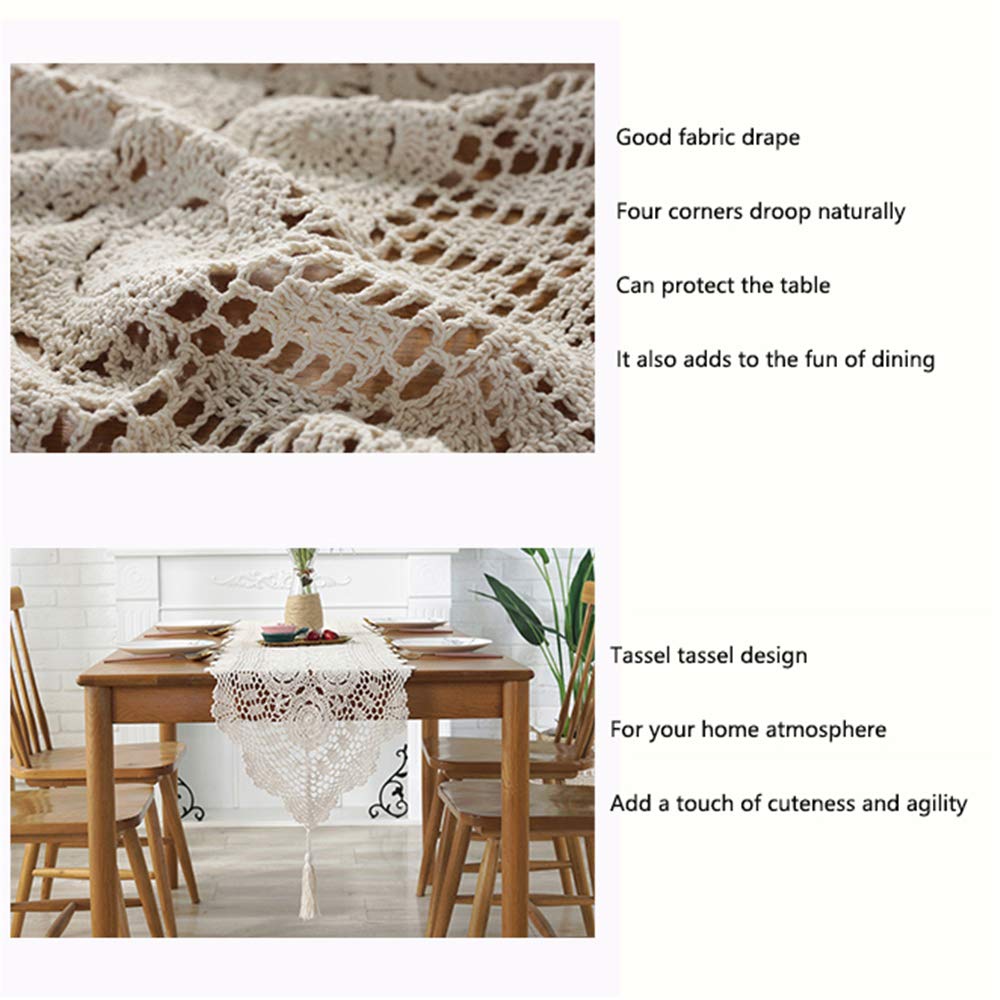 Handmade Hollow Woven Table Runner - American Country Retro Style Dining Table Decor with Pointed Fringe | Cotton TV Cabinet & Coffee Table Dustproof Cloth | Perfect for Farmhouse, Rustic & Boho Home Decor
