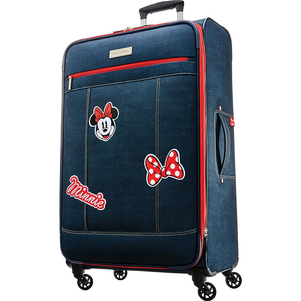 American Tourister Disney Minnie Mouse Denim Softside Luggage with 360° Spinner Wheels - 28-Inch Checked Large Suitcase for Family Vacations & Air Travel