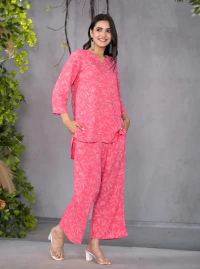 Stylish Pink Leafy Print Matching Co-Ord Set for Women | Trendy Lounge & Summer Outfit | Perfect for Casual Wear, Beach Vacation, and Instagram Fashion