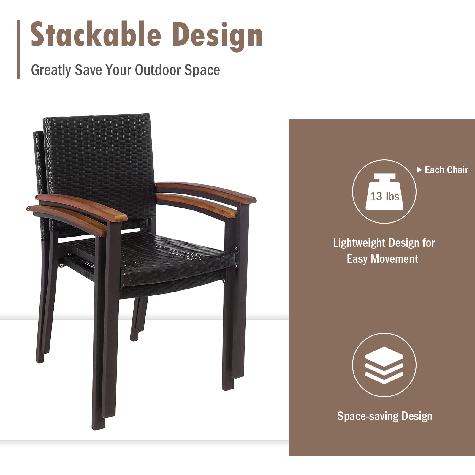 HappyGrill 2-Piece Patio Dining Chairs Set - Outdoor Rattan Wicker Stackable Armchairs with Steel Frame for Garden, Balcony, Poolside & Indoor Use