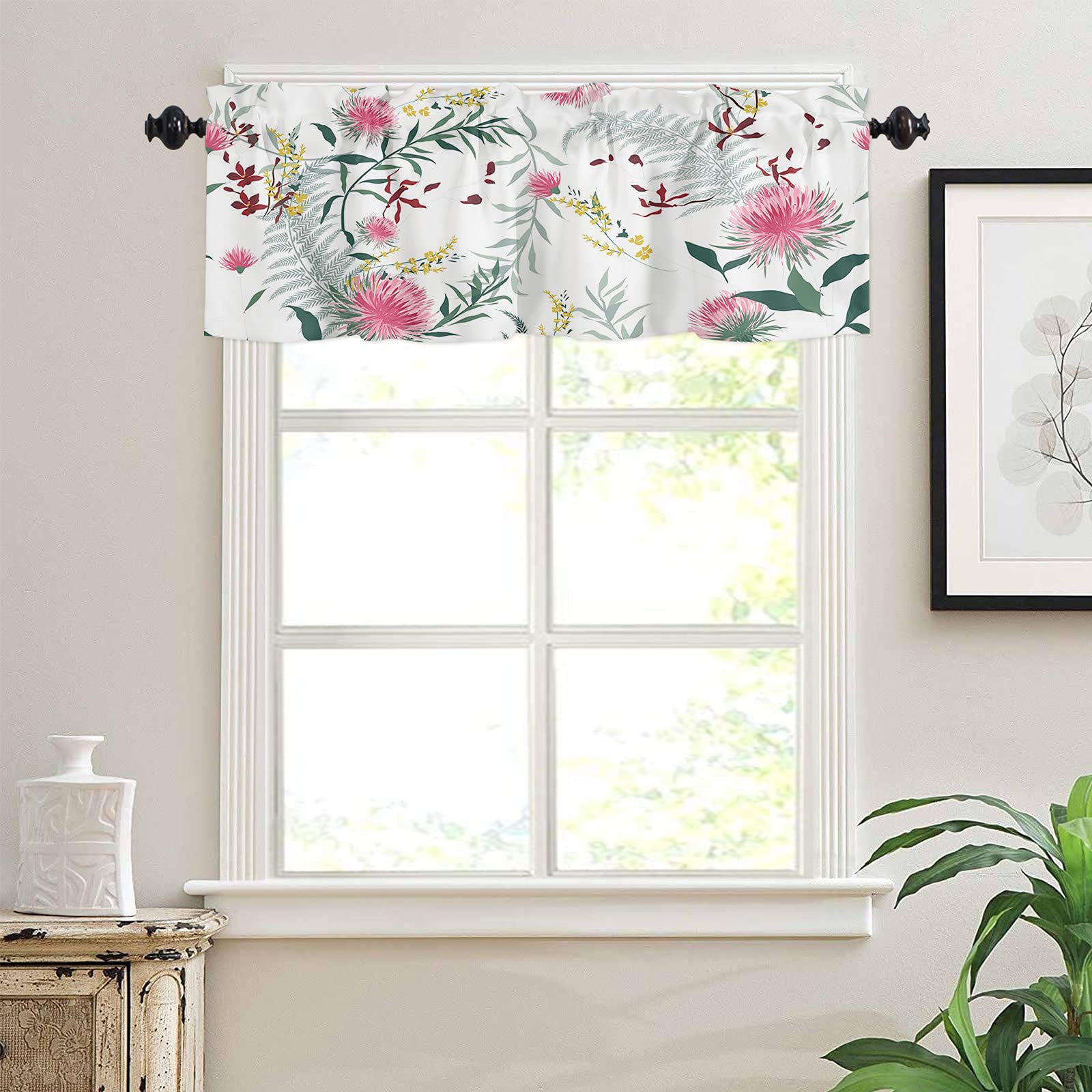 Floral Valance Curtains with Rod Pocket - Pink Flowers & Green Leaves Design for Living Room, Bedroom, Bathroom, Kitchen Windows - 1 Panel 54x18 Inches - Perfect for Small Window Treatments & Home Decor