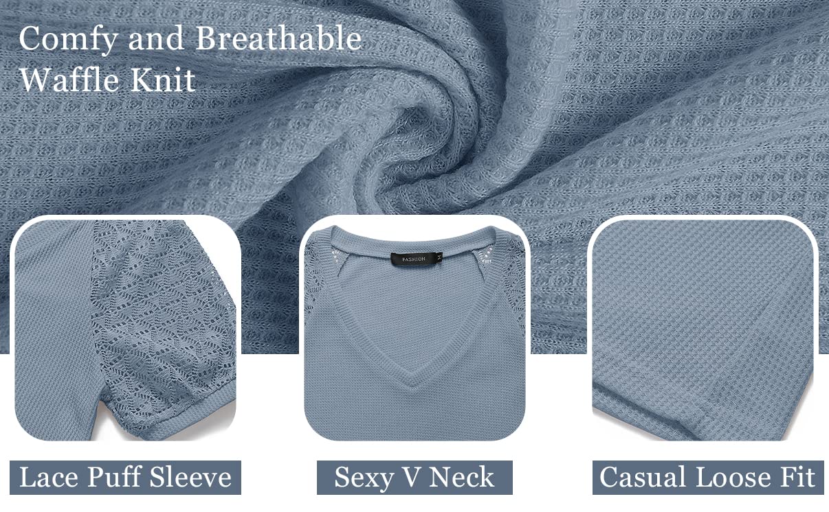 MEROKEETY Women's Summer Lace Short Sleeve V-Neck Blouse - Loose Casual Waffle Knit Top for Beach, Vacation & Everyday Wear