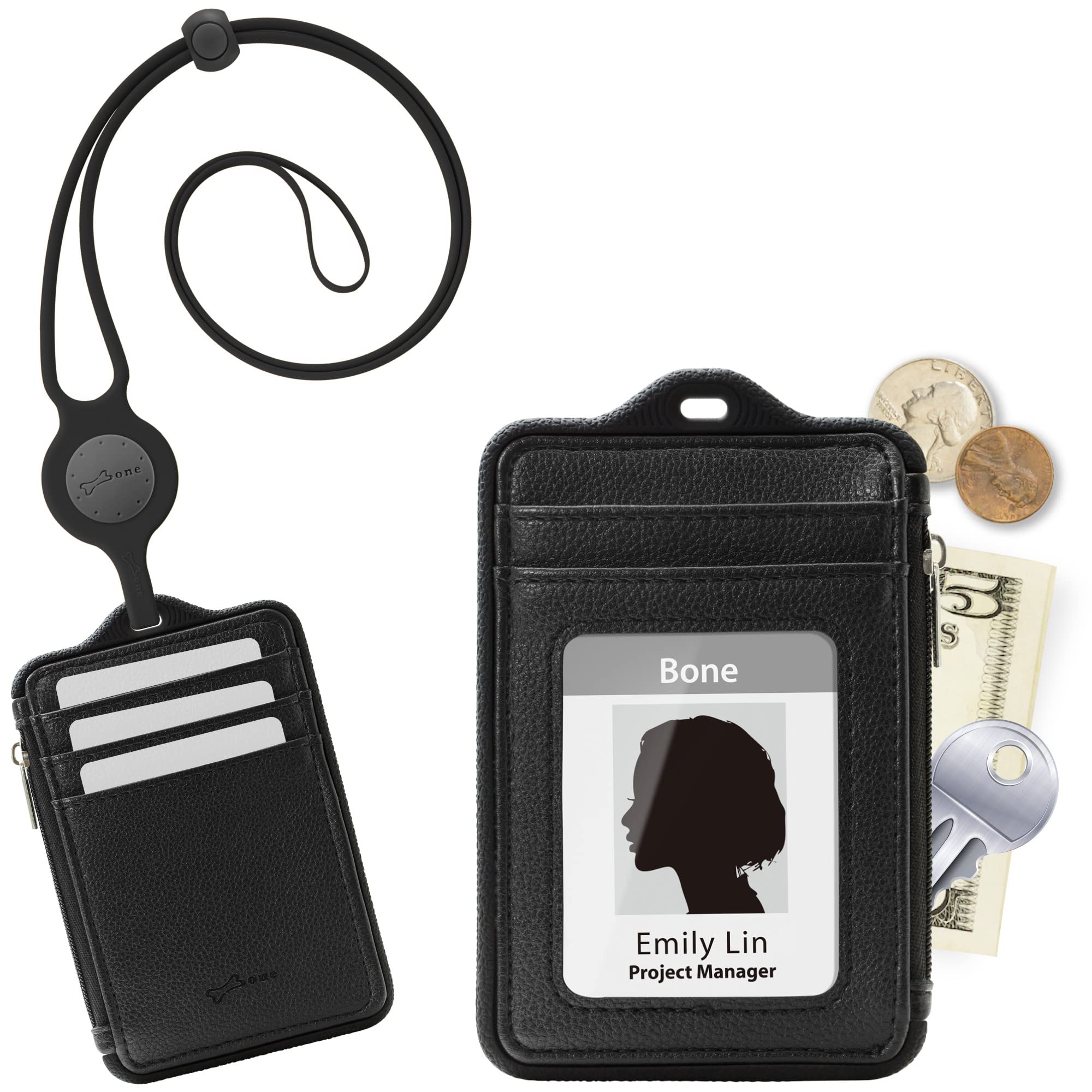 Genuine Leather ID Badge Holder with Zipper & Card Slots - Office & School Use