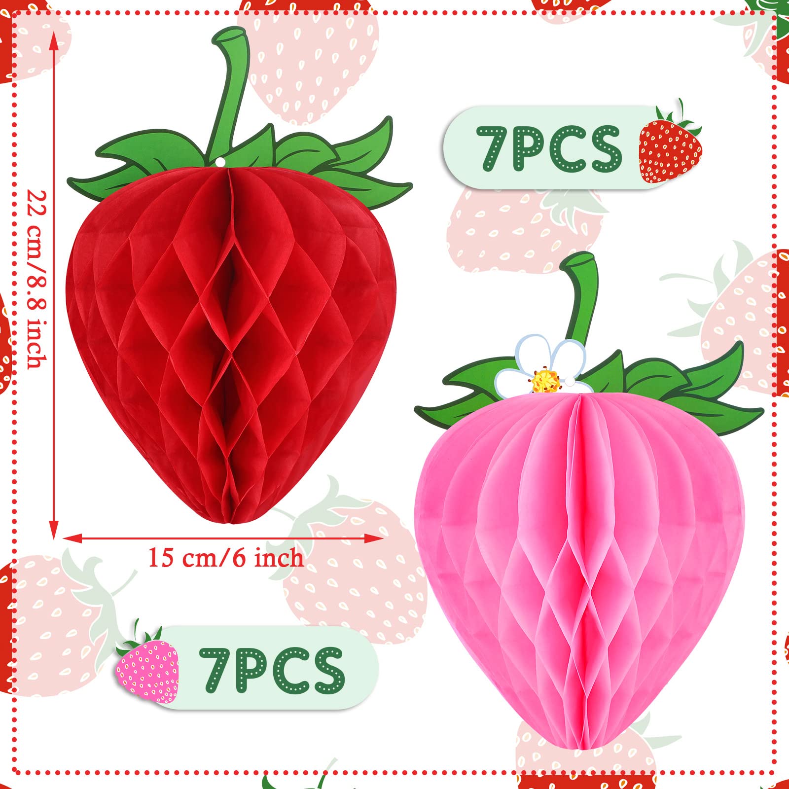 Epakh 14-Piece 6-Inch Strawberry Honeycomb Paper Decorations Set - Red & Pink Tissue Paper Strawberry Balls for Birthday Party, Baby Shower, Shortcake Themed Events - Perfect for Girls' Parties, Dessert Tables & Sweet 16 Decorations