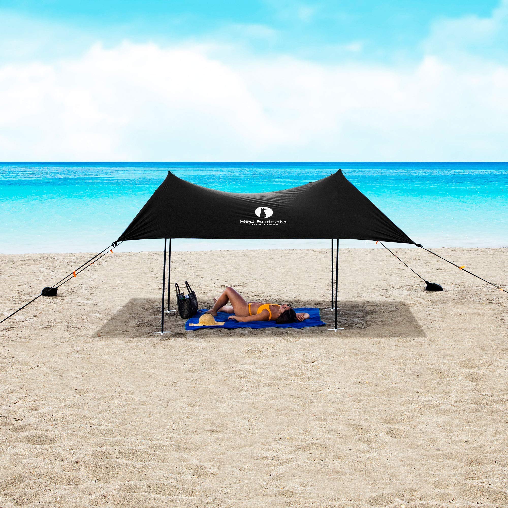 Red Suricata Family Beach Tent - UPF50+ UV Sun Shade Shelter with 2 Beverage Holders | Portable Canopy for Outdoor, Picnic & Camping | Large Black Sand Shelter for Sun Protection