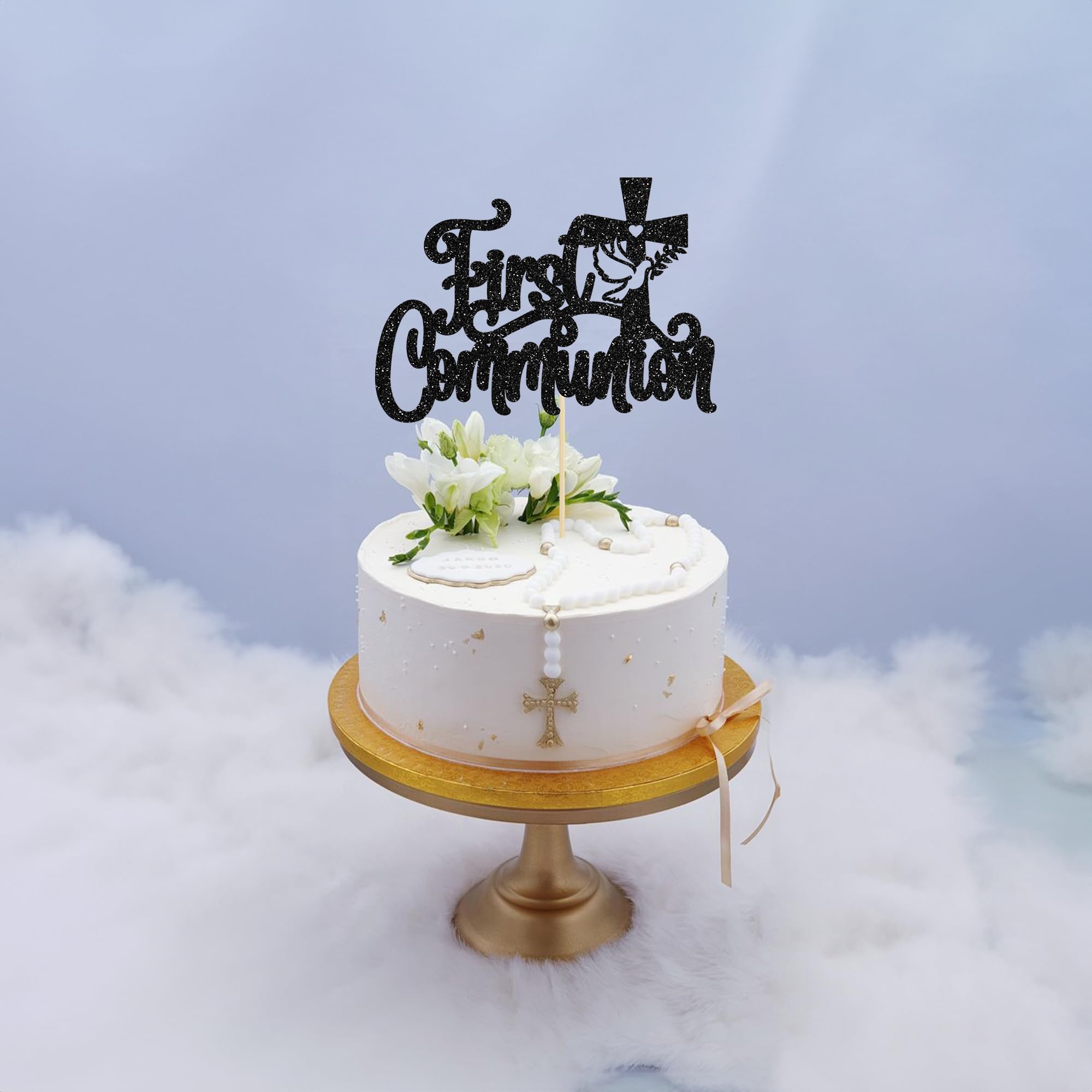 1Pcs Black Glitter First Communion Cake Topper - God Bless Cake Decoration for Kids | Religious Party, Baptism, Confirmation & Wedding Celebrations
