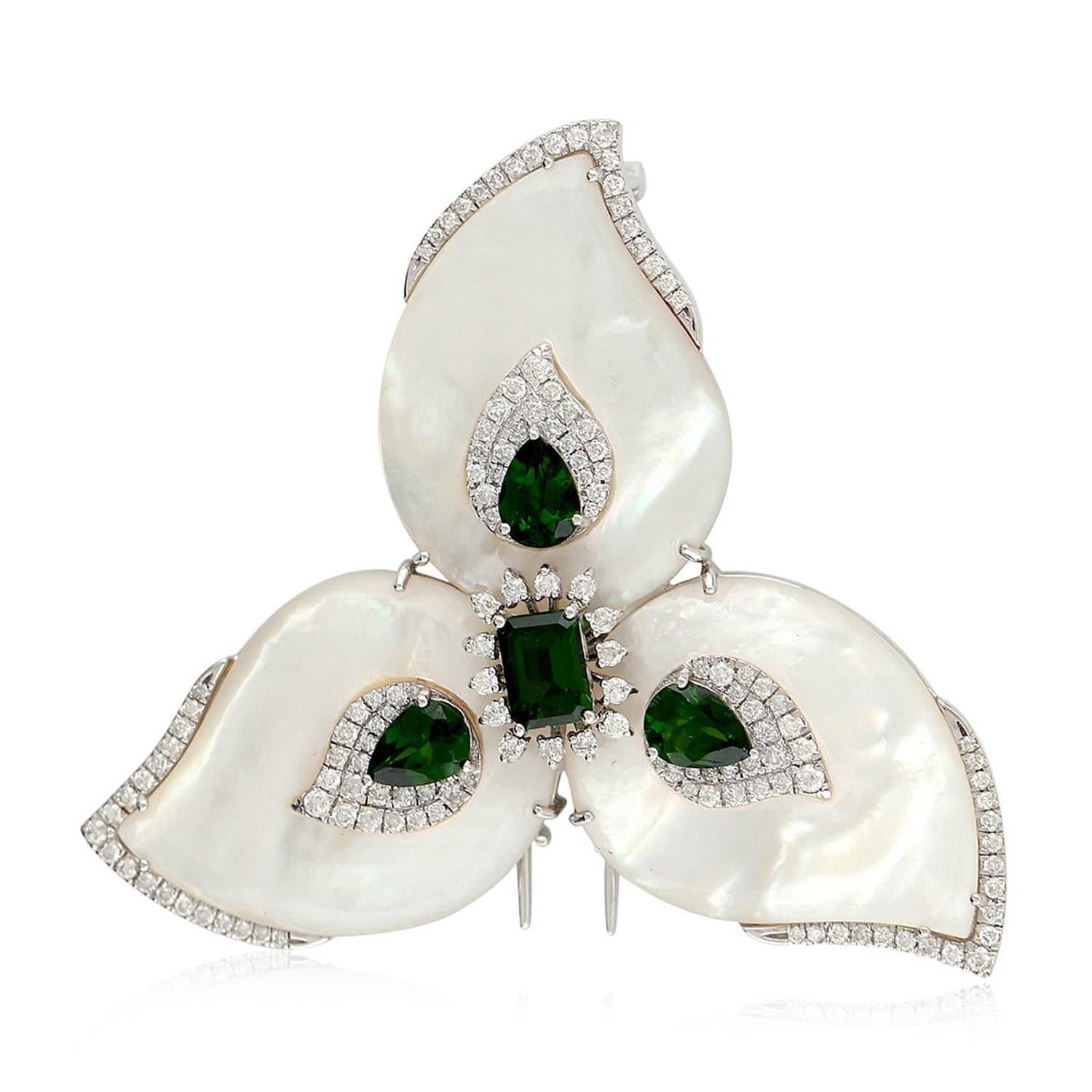 18K White Gold Carved Mother of Pearl Prong Chrome Diopside Pavé Diamond Flower Brooch Pin - Elegant Floral Jewelry for Weddings, Parties & Special Occasions