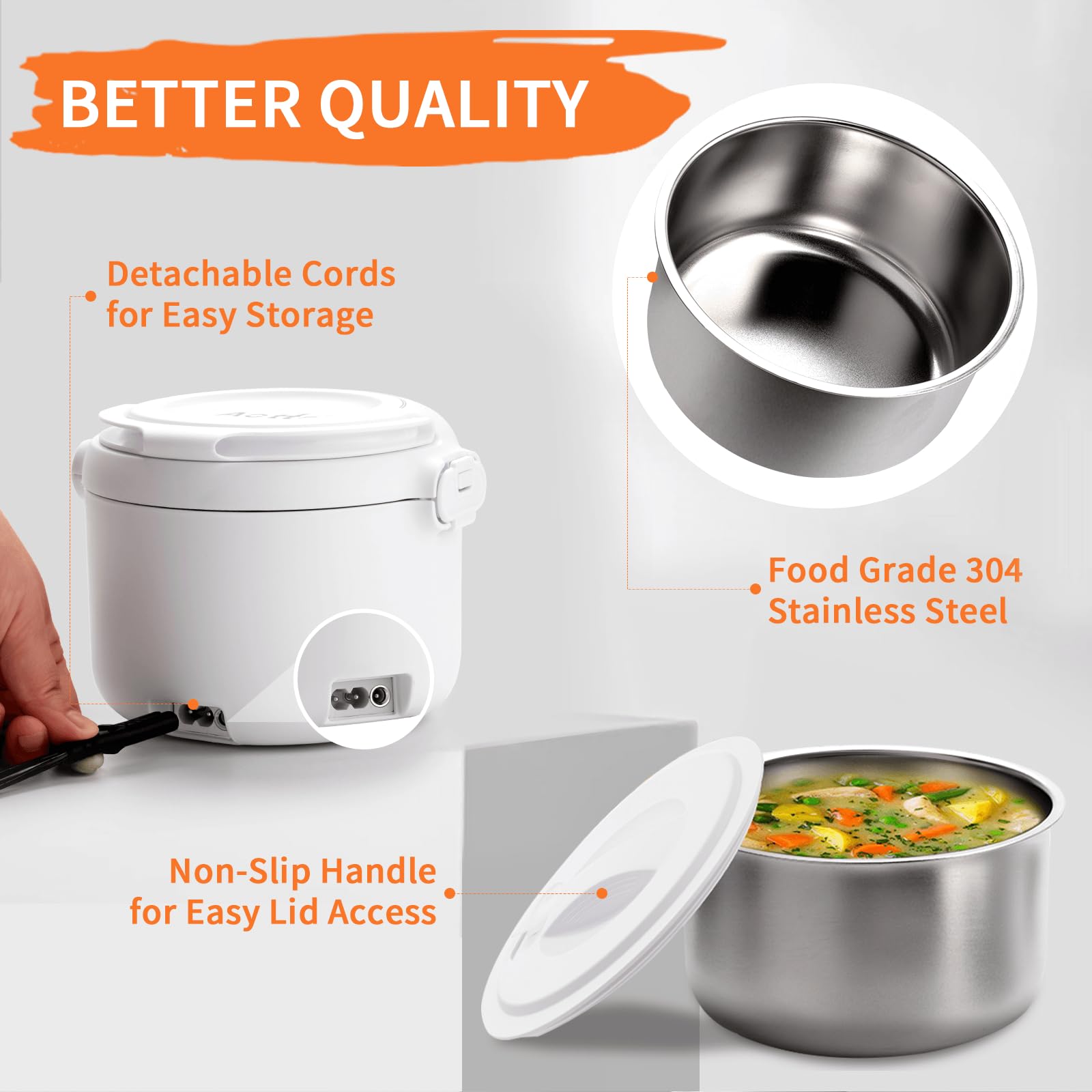 Aotto 32oz Electric Lunch Box - Portable Food Warmer for Office, Car & Travel - 12V/24V/110V 3-in-1 Heater - Keeps Meals & Soup Hot - Spill-Proof Design - Perfect Gift for Men & Women (White) - Ideal for Commuting, Road Trips & Workplace Lunch Breaks