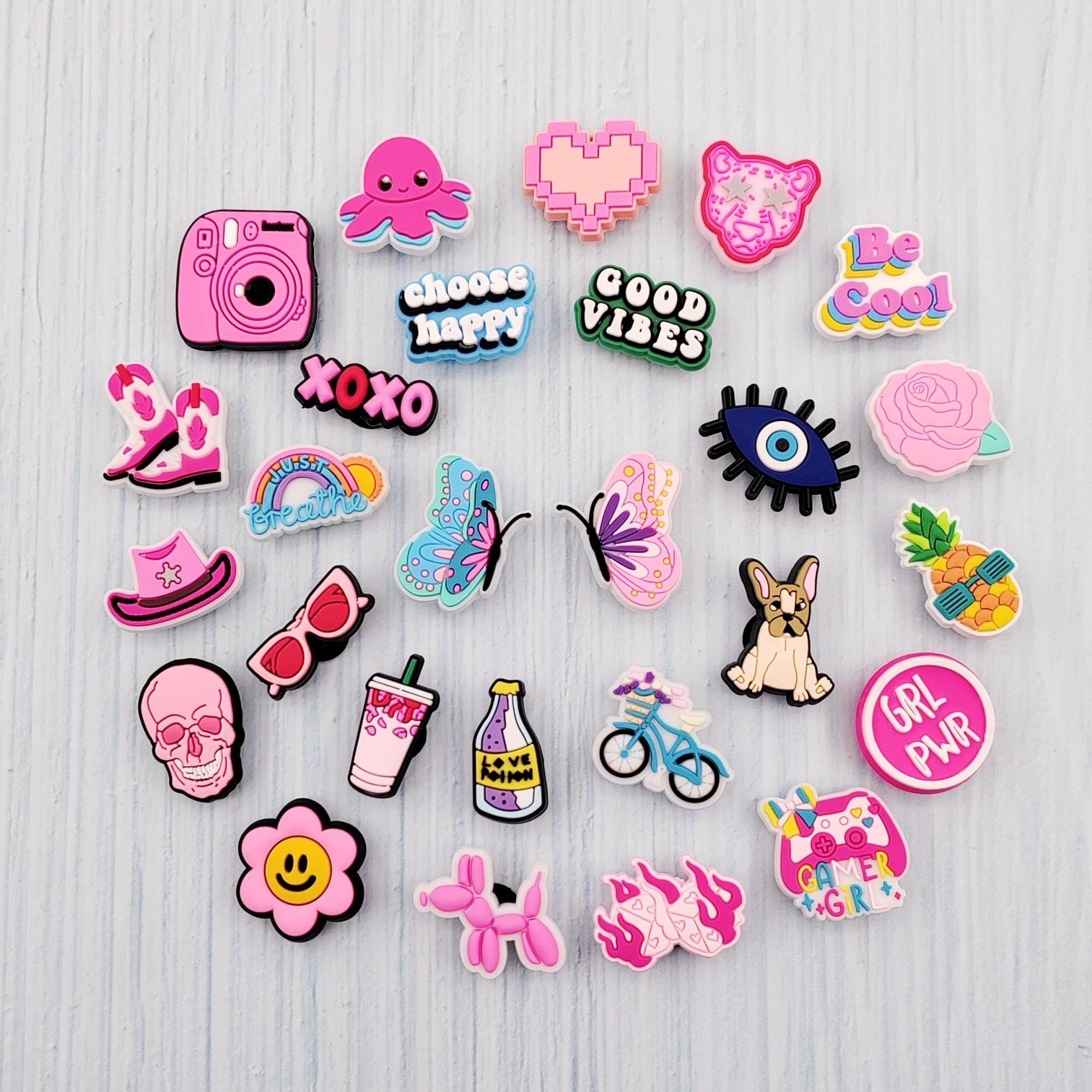 50 Pack Cute Flower Shoe Charms for Women - Hippie Cowgirl Clog Accessories with Butterfly & Peace Designs - Perfect for Party Favors, Festival Outfits and DIY Shoe Decorations