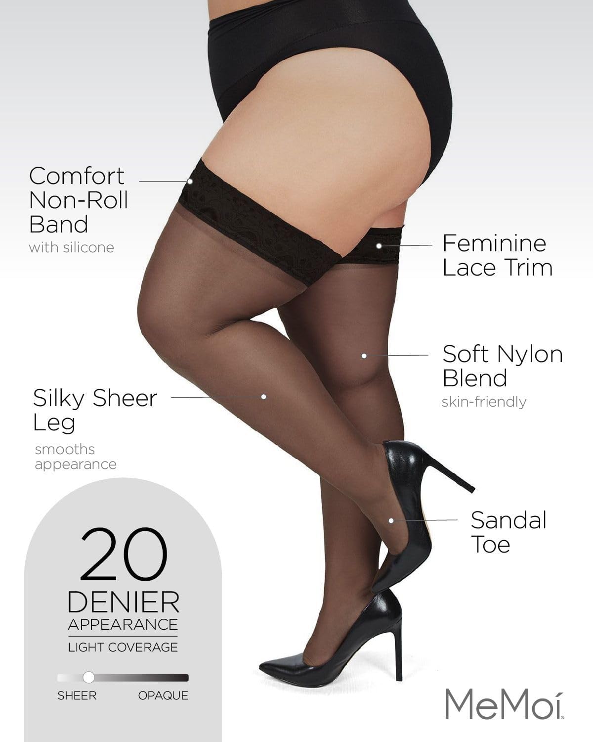 MeMoi Plus Size Thigh High Stockings for Women - Silky Lace Thigh Highs Socks 1X-7X - Comfortable & Sexy Stockings for Curvy Figures - Perfect for Date Night, Parties & Special Occasions