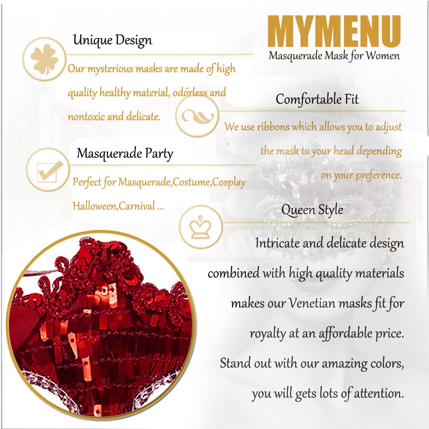 MYMENU Elegant Venetian Masquerade Mask for Women & Men - Shiny Couple Halloween Party Mask for Prom, Ball, Mardi Gras & Costume Events