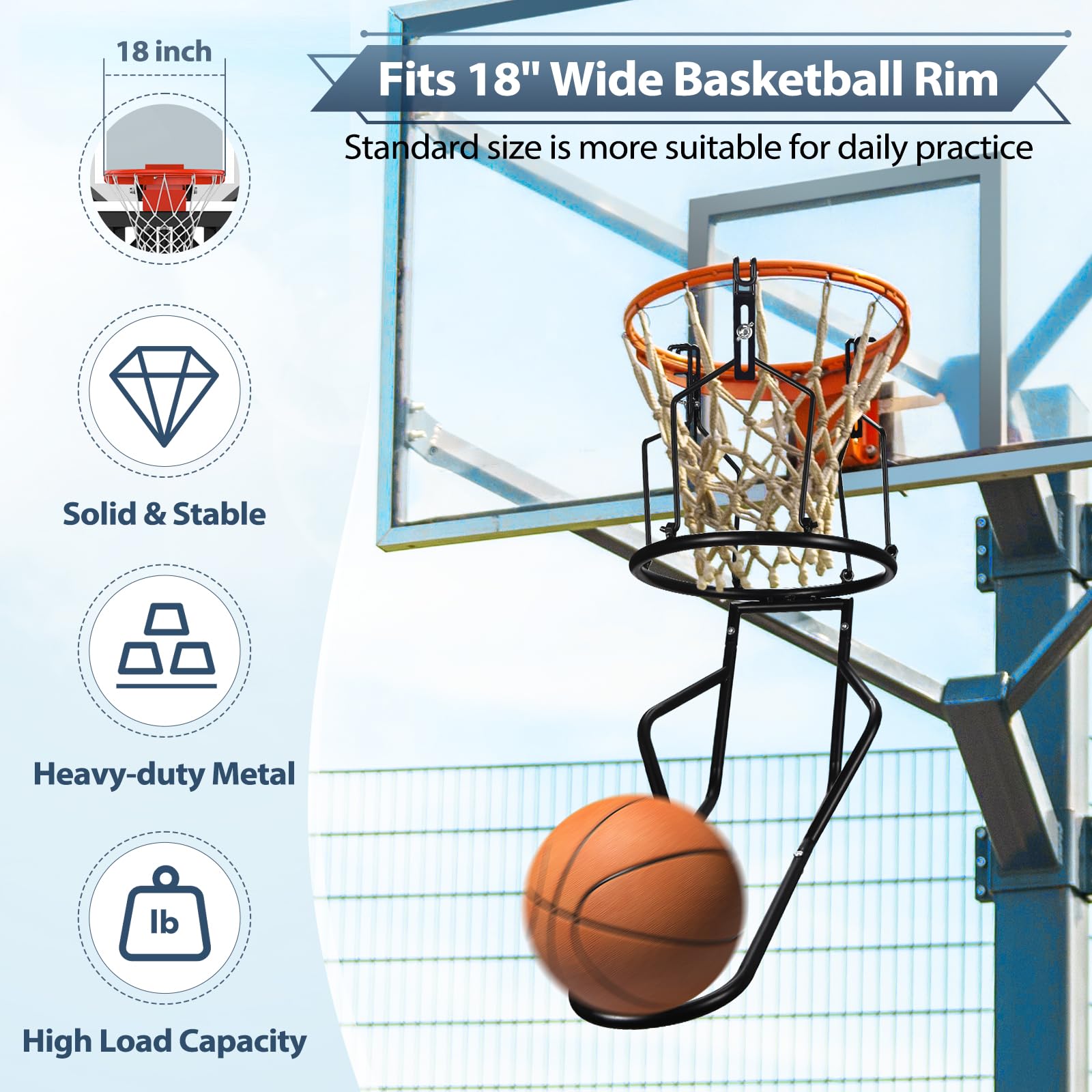Sturdy Metal Basketball Rebounder with 3 Heavy-Duty Hooks - Professional Ball Return Training Equipment for 18