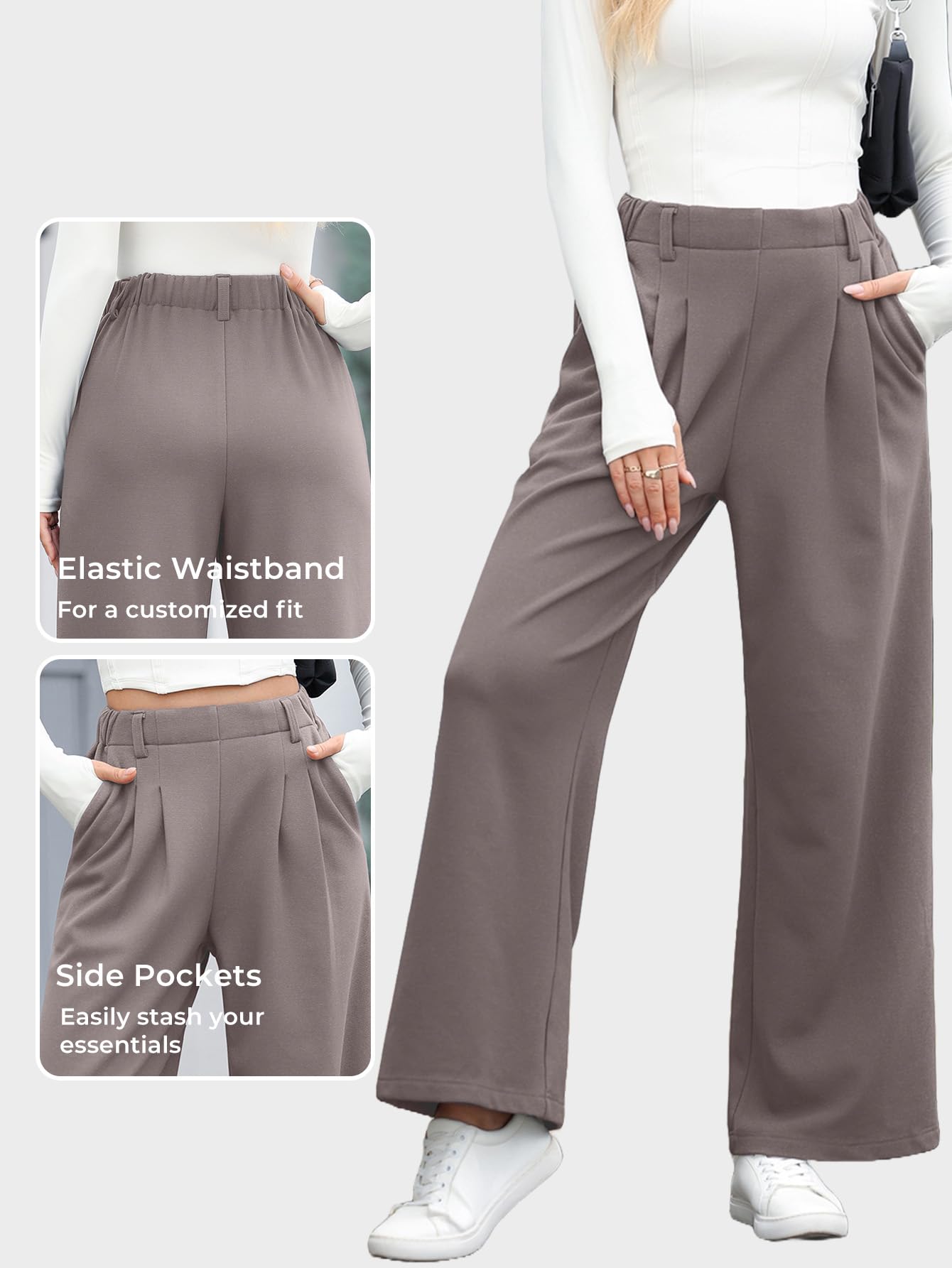EVALESS Women's High Waisted Wide Leg Palazzo Pants - Soft Waffle Knit Fleece with Elastic Waistband & Pockets | Lounge, Yoga, Office & Casual Wear