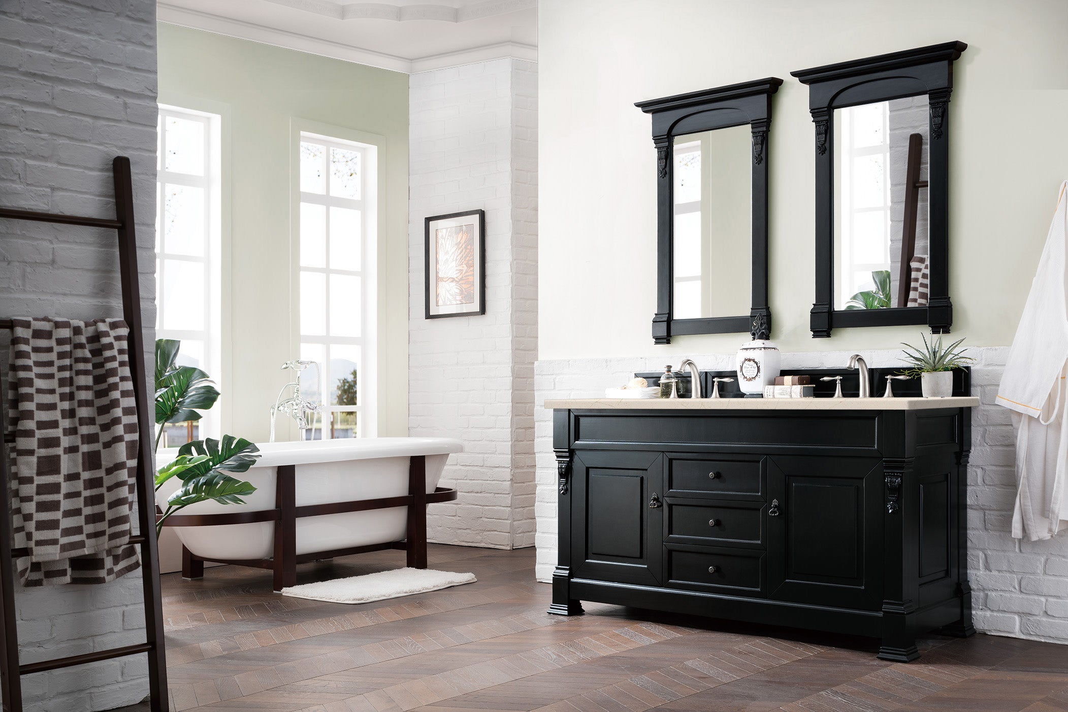 Brookfield 60 Inch Double Vanity with Antique Black Finish & 3CM Eternal Marfil Quartz Top - Modern Bathroom Sink Cabinet for Master Bath or Guest Bath Remodel