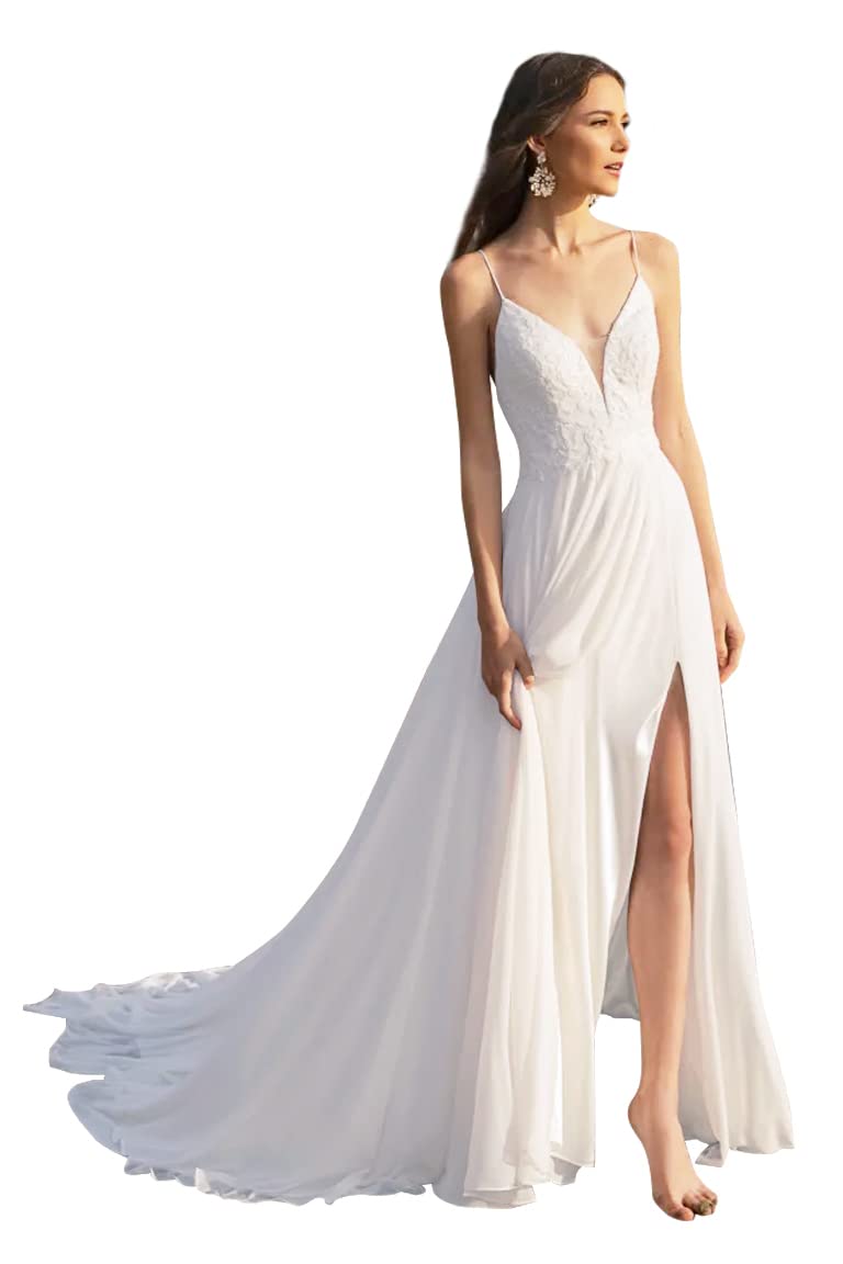 Boho Lace Wedding Dress for Women - Elegant Spaghetti Strap Bridal Gown with High Slit | Perfect for Beach, Garden & Destination Weddings