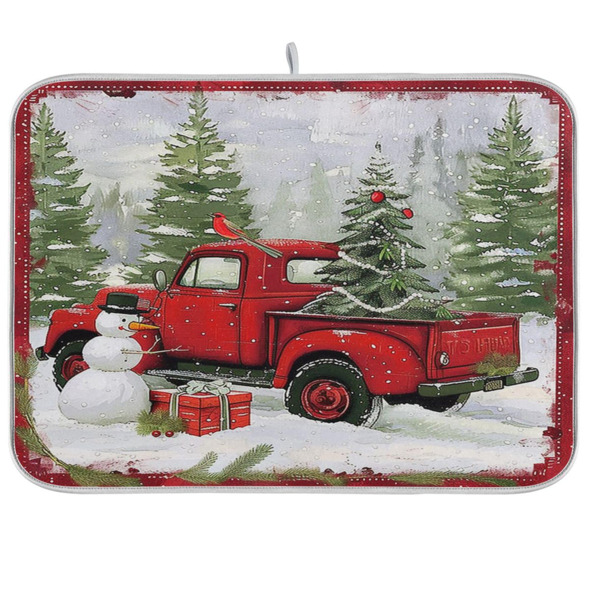 Christmas Red Truck Snowman Dish Drying Mat 18x24 - Absorbent Fast Dry Kitchen Accessories for Winter Holiday Decor, Xmas Tree Dishes & Snowflake Themed Kitchens - Perfect for Holiday Entertaining, Dish Drainer Rack & Festive Home Decor