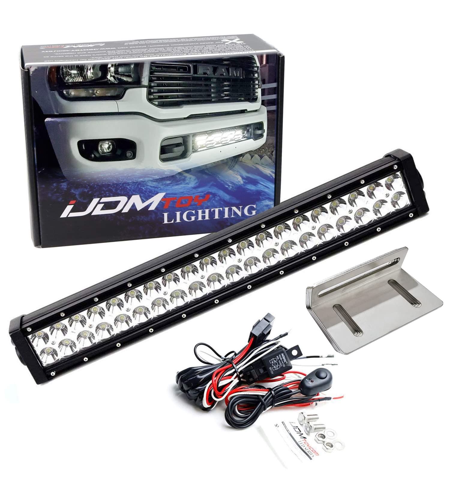iJDMTOY 20-Inch 120W High Power LED Light Bar for 2020-2024 Dodge RAM 2500/3500 - Lower Grille Mount with Brackets & On/Off Switch - Perfect for Off-Roading, Night Driving & Truck Customization
