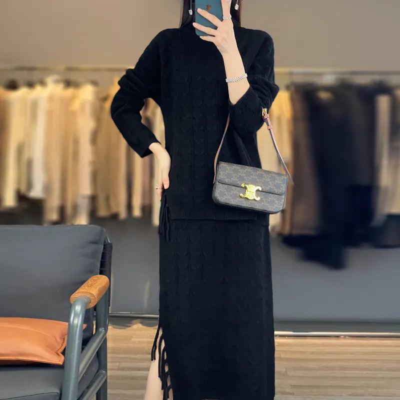 Women's Autumn Winter Pure Wool Sweater Set - Semi High Neck Cashmere Knit Top & Tassel Skirt 2-Piece Outfit | Warm Winter Fashion for Office, Dating & Holiday Parties
