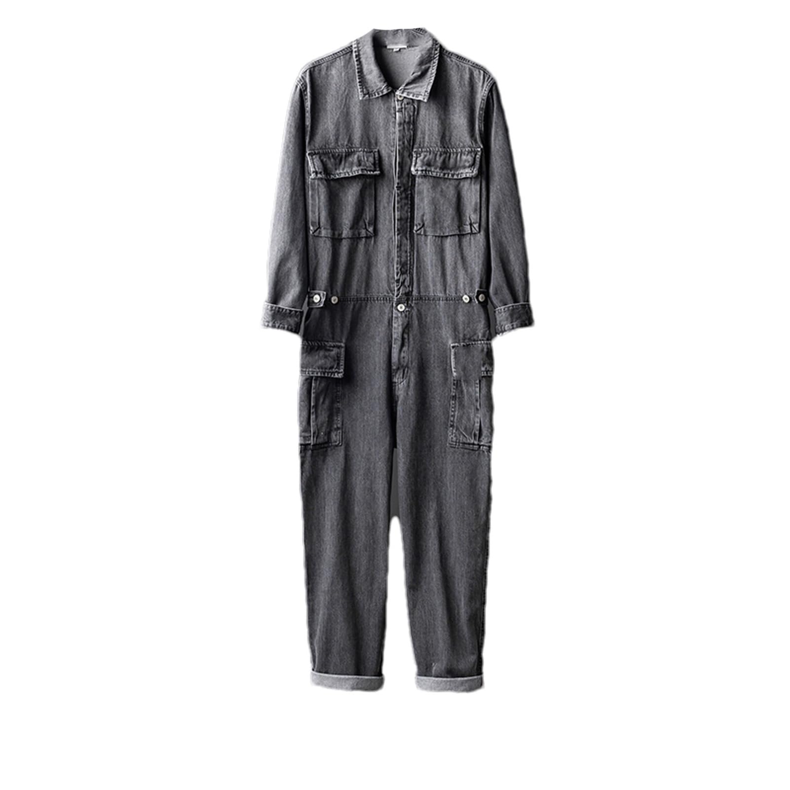 Men's Long Sleeve Cargo Denim Jumpsuit with Multiple Pockets - Casual Work Overalls in Gray Blue | Durable Coveralls for Construction, Gardening & Outdoor Activities