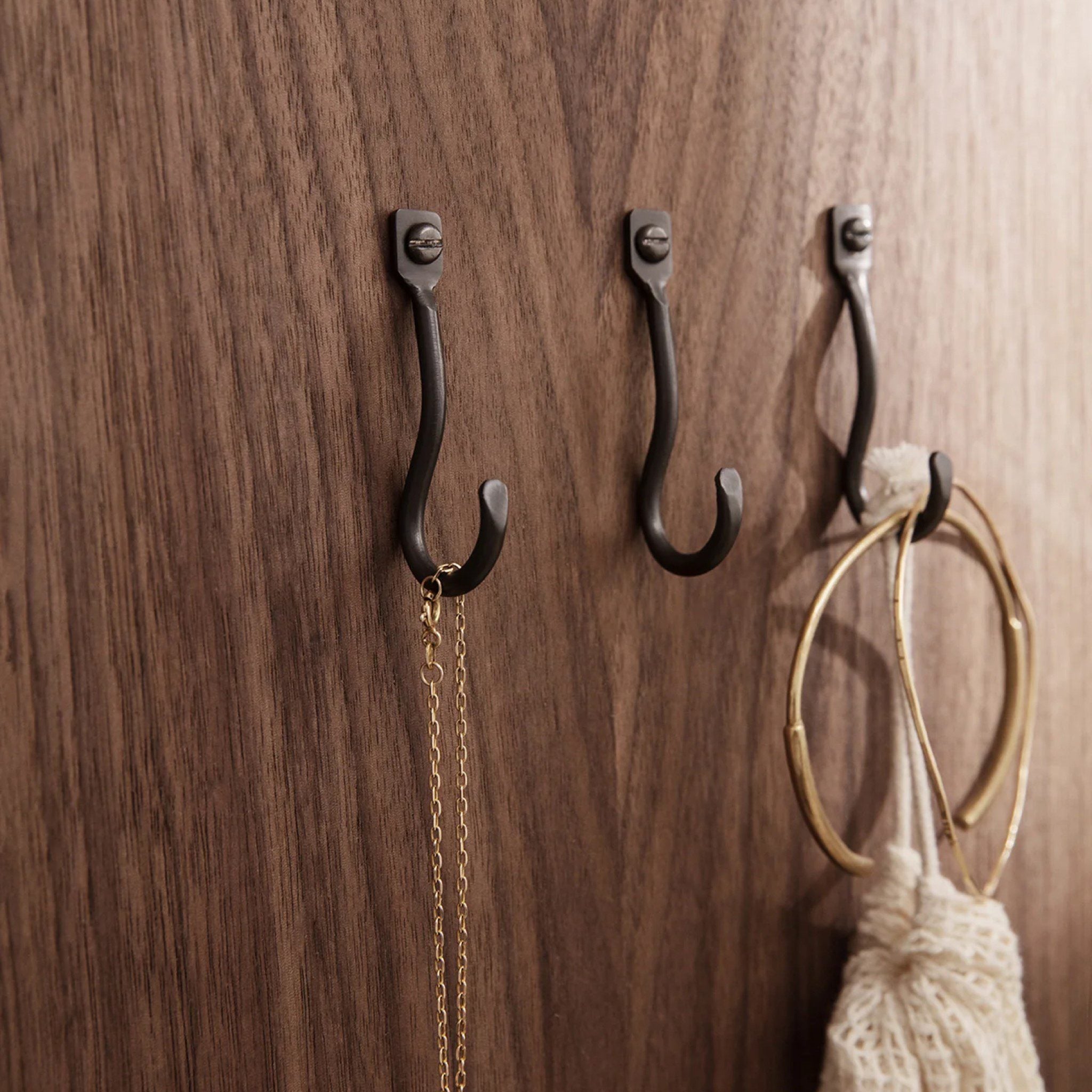 FERM LIVING Curvature Hooks - Set of 3 Black Brass Wall Hooks for Bathroom, Bedroom & Entryway Organization | Modern Minimalist Home Decor