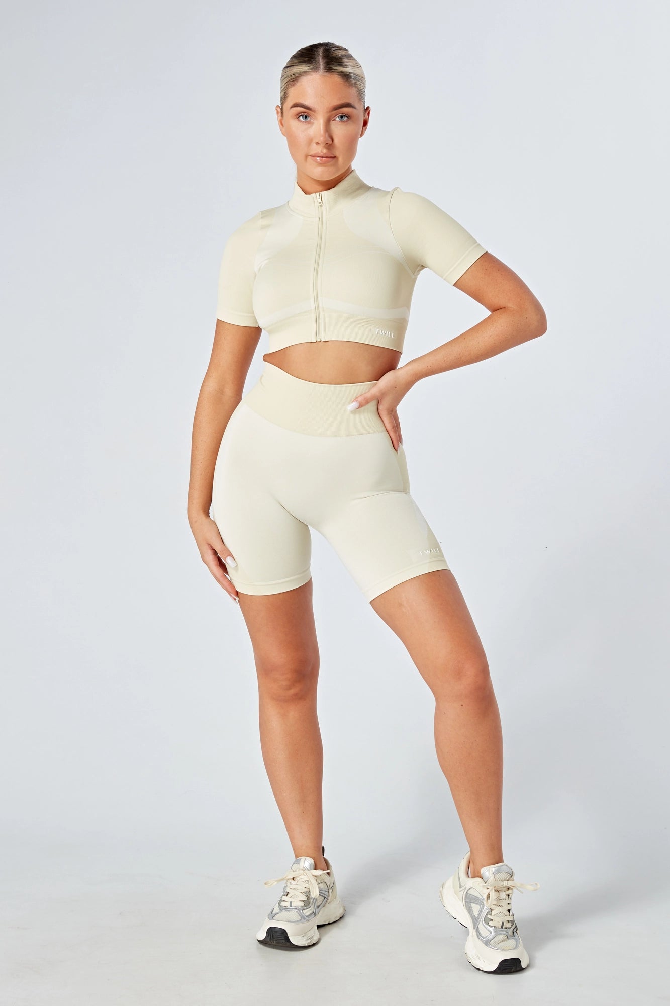 Eco-Friendly Twill Active Crop Top with Color Block Design - Stone | Workout, Yoga & Casual Wear for Women