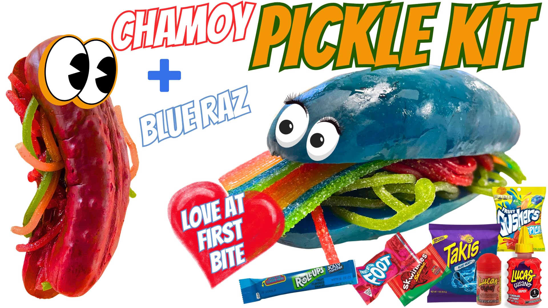 Blue Raspberry Chamoy Pickle Kit for 2 - Includes Freeze Dried Candy, Takis, Swinkles (17 pcs), Fruit Roll-Ups & Mexican Candy Lucas Gusano - Perfect for Parties, Movie Nights & Mexican Snack Lovers - by Food Crush