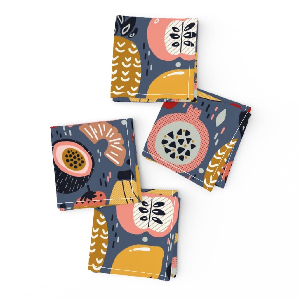 Premium Linen Cotton Canvas Cocktail Napkins Set of 4 - Pink Gold Fruit Pattern with Lemons, Bananas, Cherries & Pineapples | Funky Printed Cloth Drink Napkins for Parties, Weddings & Home Decor