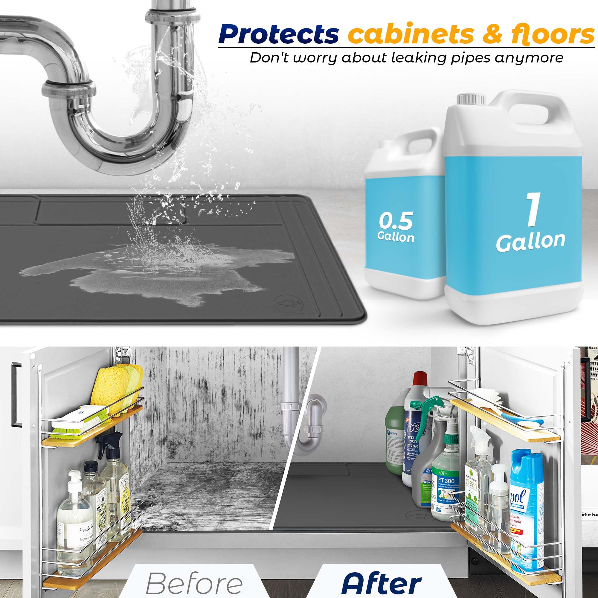 Premium Silicone Under Sink Mat - Waterproof, Trimmable & Easy Clean Kitchen Cabinet Liner - 34