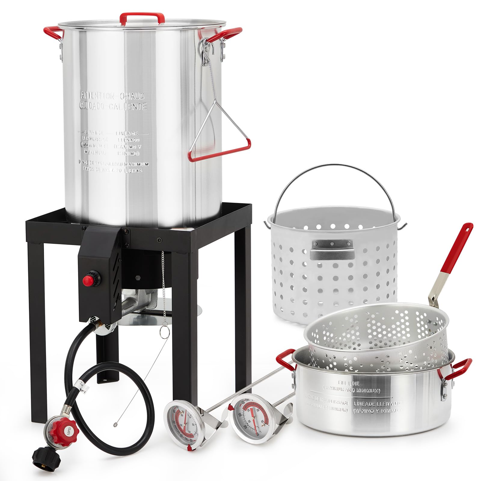 30 Qt Aluminum Turkey Fryer & 10 Qt Fish Boiler Steamer Set - Outdoor Propane Stove Burner Stand with Thermometer, Rack & Lifting Hook (38,000 BTU) - Perfect for Thanksgiving Turkey Frying, Seafood Boiling, and Outdoor Cooking Parties