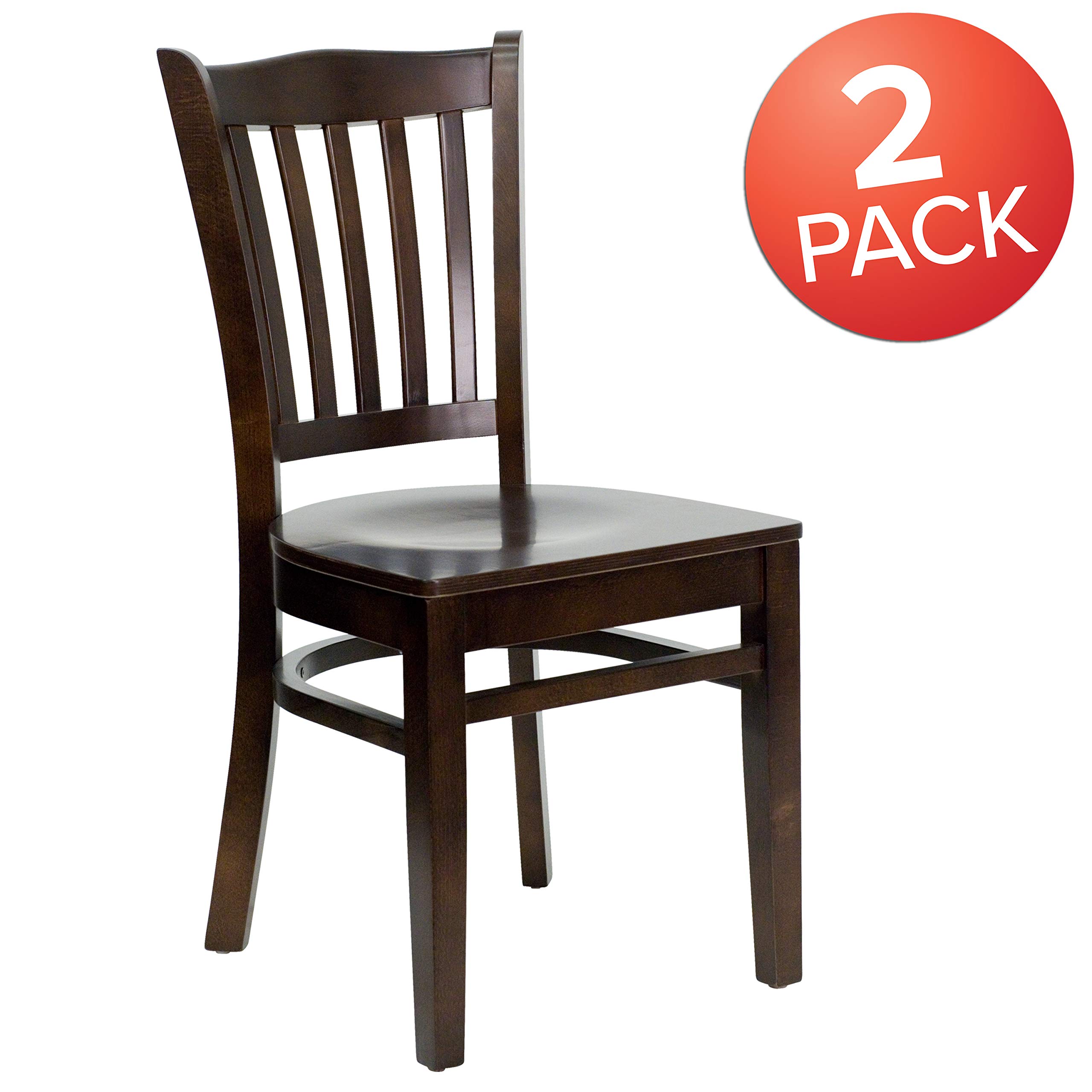 2 Pack Walnut Wood Vertical Slat Back Restaurant Chairs - Durable Hospitality Seating for Dining Rooms, Cafes & Commercial Use