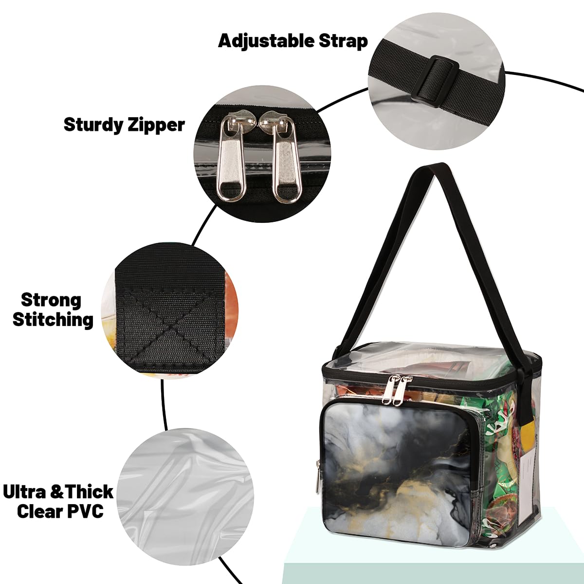 GzLeyigou Clear Marble Print Tote Bag - Waterproof Transparent Shoulder Bag with Handles for Women | Perfect for Beach, Travel, Picnic, Concerts & Stadium Events | Fashionable Crossbody Lunch Bag for Outdoor Activities
