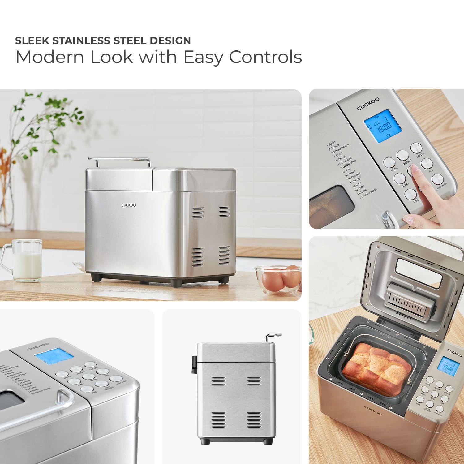 CUCKOO 2 lbs Bread Maker Machine with 15 Menu Options & 3 Crust Colors - Automatic Fruit Nut Dispenser - 6 Accessories Included - Perfect for Sourdough, White Bread & Gluten-Free Baking (CBM-AAB101S) - Ideal for Home Baking, Breakfast & Family Gatherings