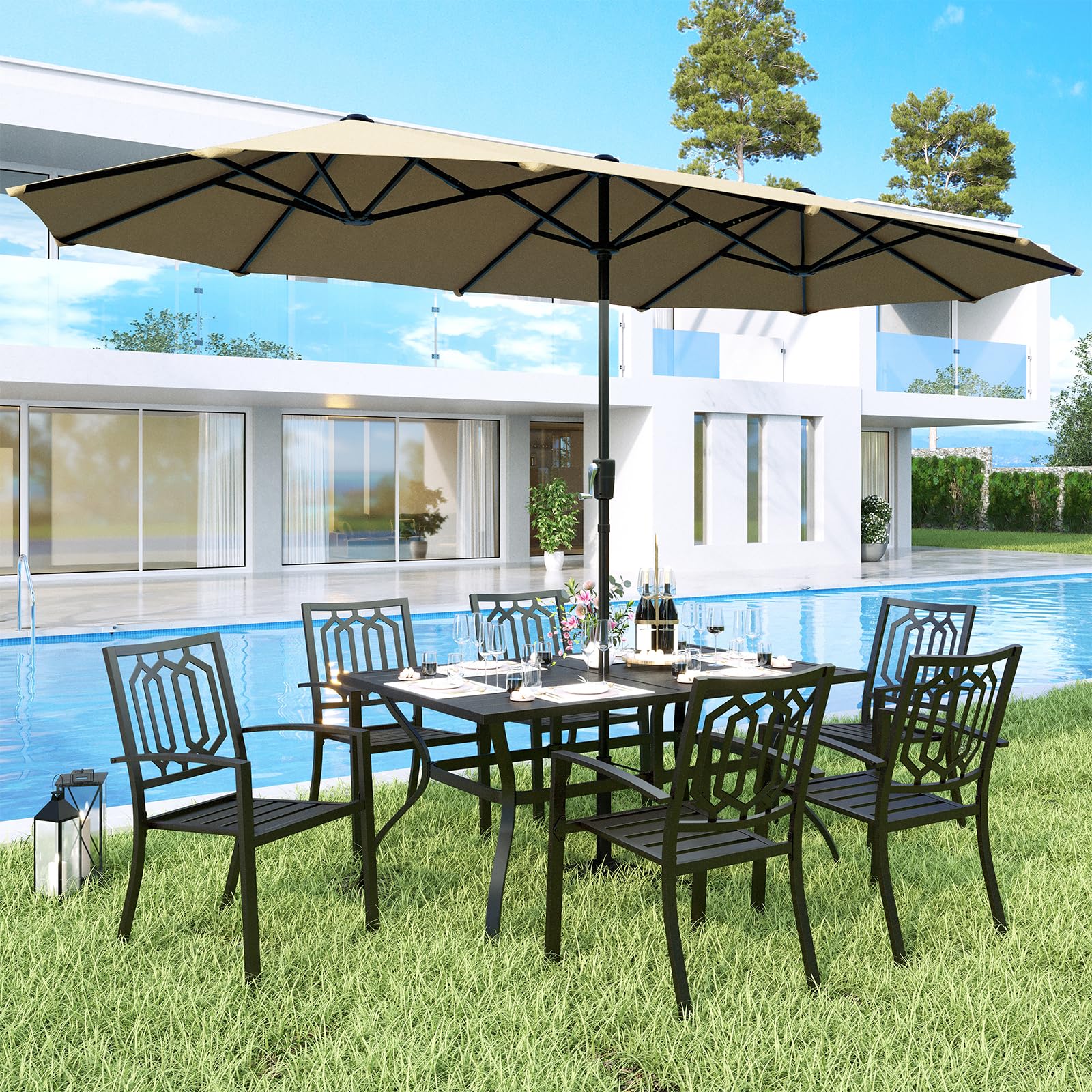 MFSTUDIO 6-Piece Outdoor Patio Dining Set with 13ft Umbrella - Beige Steel Frame Rectangular Table & 6 Stackable Chairs - Perfect for Backyard BBQs, Garden Parties & Poolside Entertaining (Umbrella Base Sold Separately)