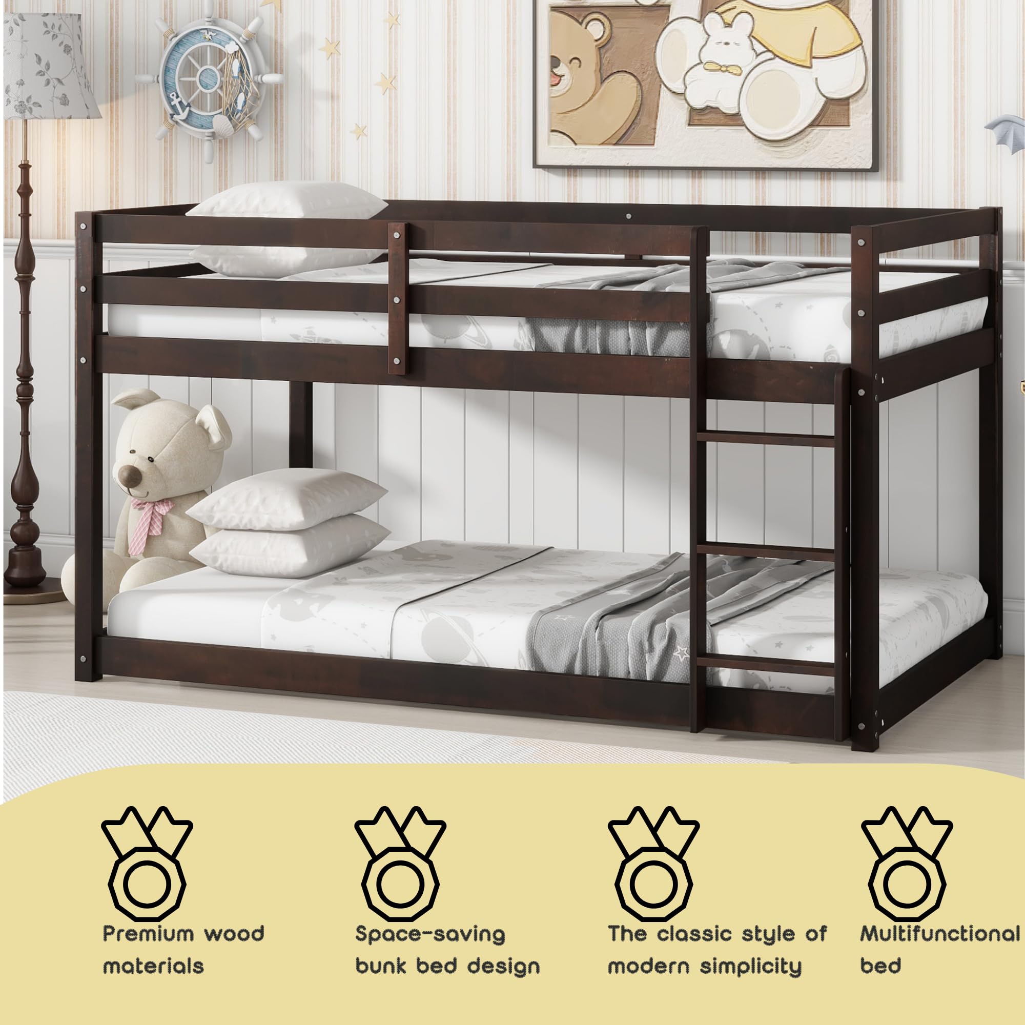 **Twin Over Twin Low Bunk Bed Frame - Wooden Junior Loft Bed for Kids, Boys, Girls & Teens with Safety Rails - Espresso Finish - Perfect for Small Bedrooms, Dorms & Shared Kids' Rooms**