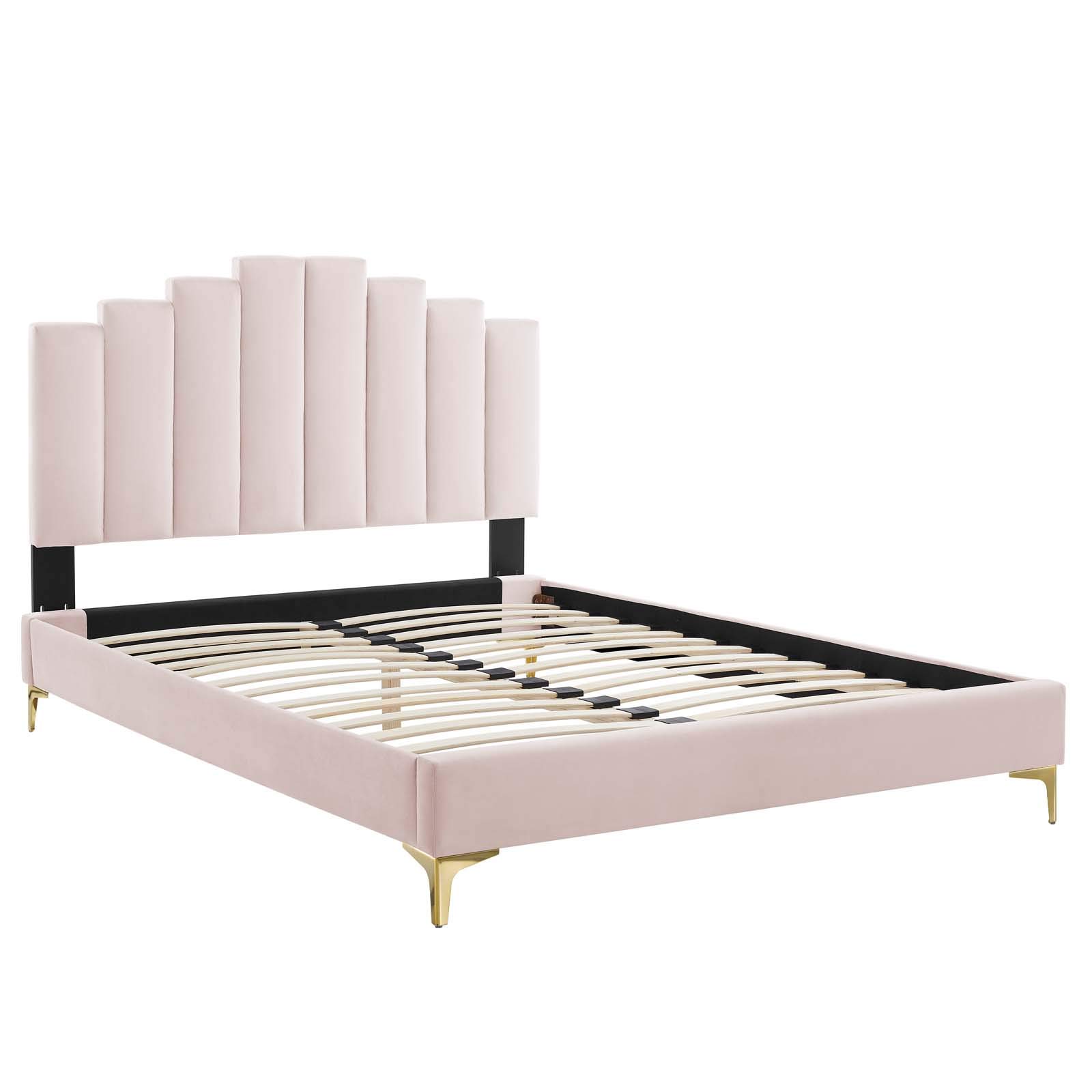 Modway Elise Channel Tufted Performance Velvet King Platform Bed - Pink Velvet Upholstery with Gold Metal Legs - Luxury Bedroom Furniture for Master Suite & Guest Room