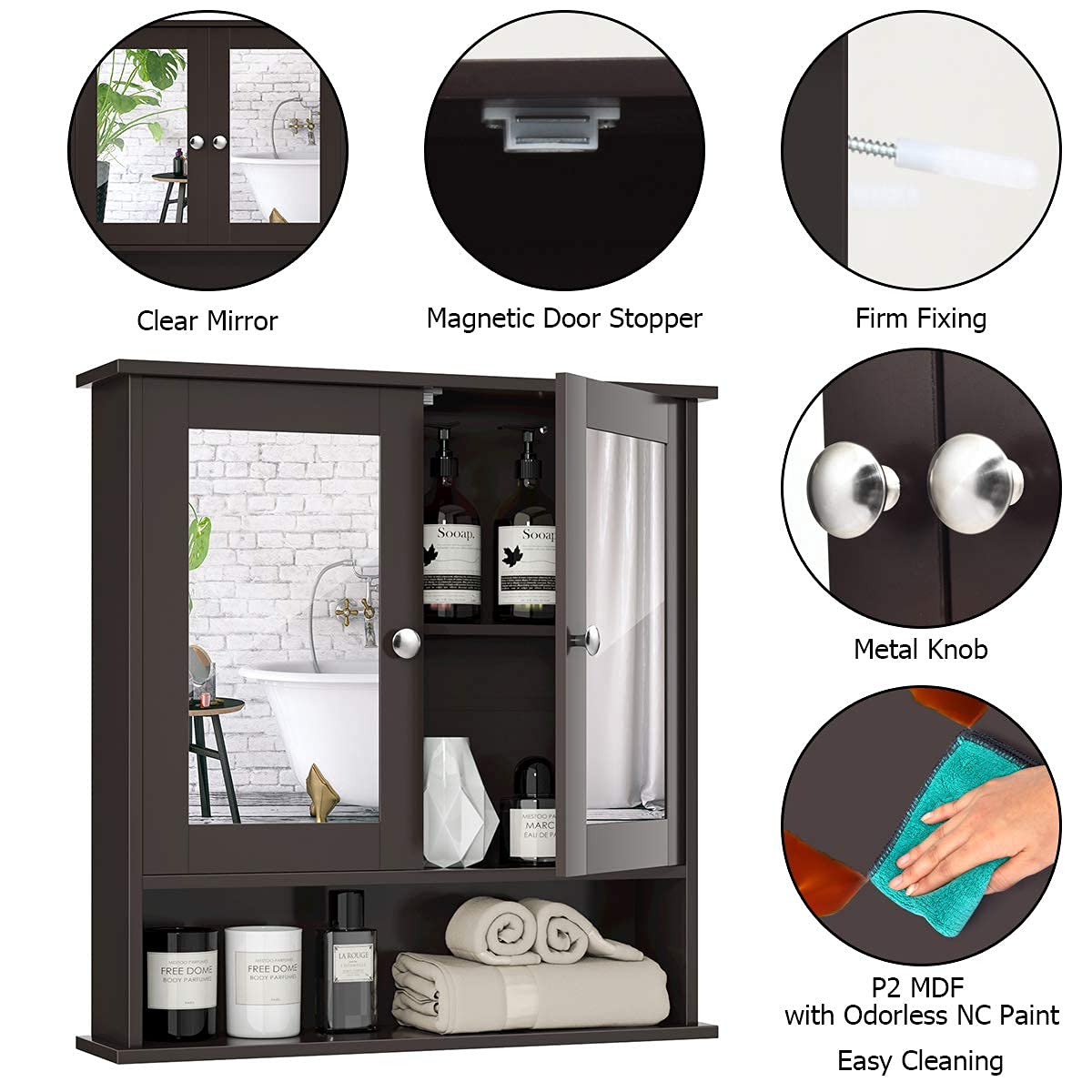 Wall Mounted Wooden Bathroom Cabinet with Double Mirror Doors - Over Toilet Storage Organizer with Round Knobs - Space Saving Bathroom, Kitchen & Bedroom Storage Solution (Brown) - Perfect for Small Bathrooms, Apartment Living and Clutter-Free Organization