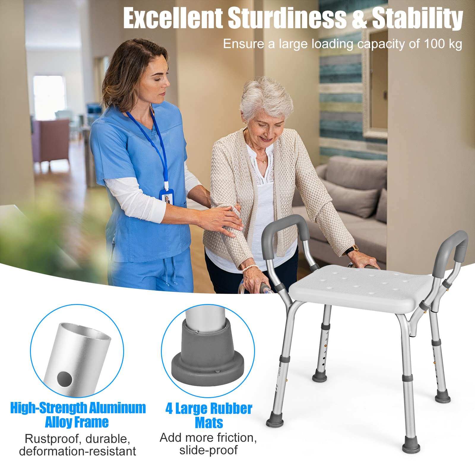 Adjustable Shower Chair with Removable Handrails - Non-Slip Bath Seat for Elderly, Disabled & Handicap Users - 6 Height Positions for Bathtub & Shower Safety - Ideal for Bathroom Mobility Assistance & Post-Surgery Recovery