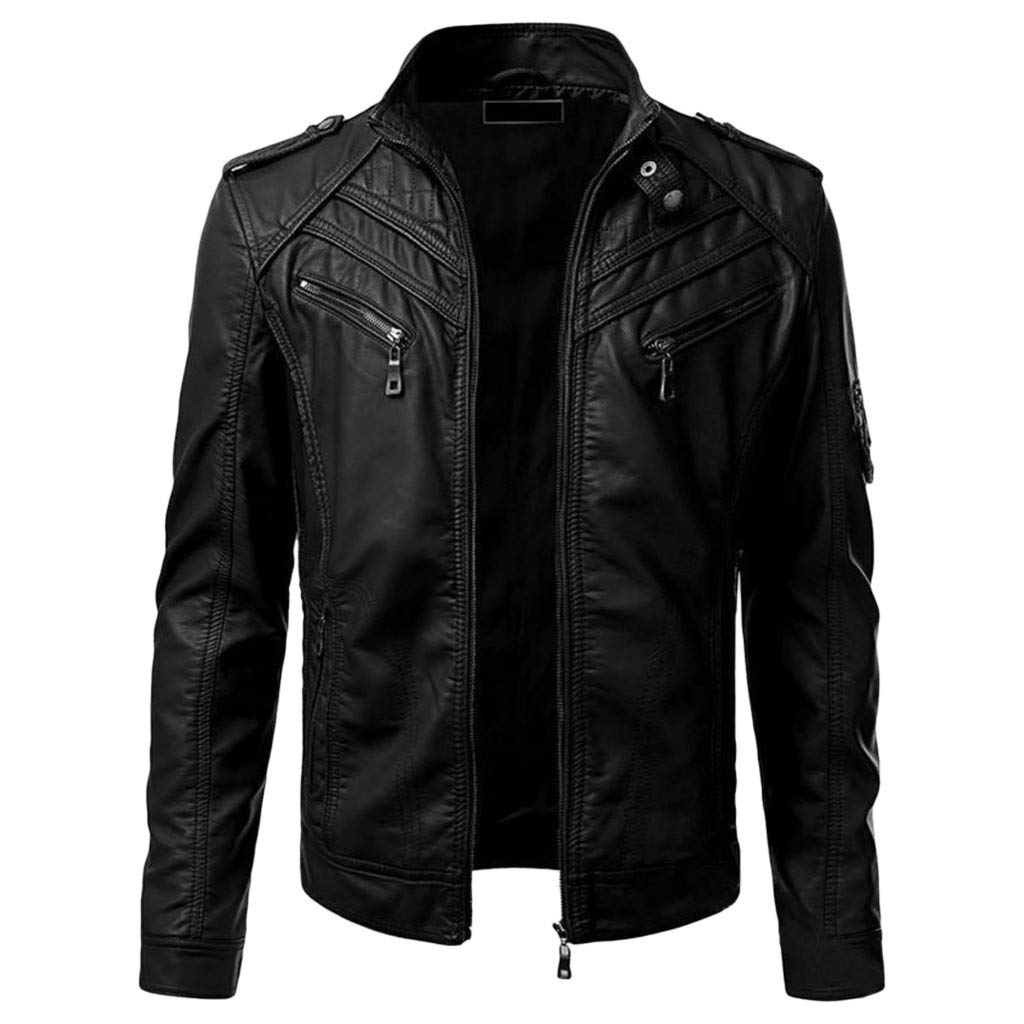 Men's Faux Leather Jacket - Biker Motorcycle Jacket with Zipper & Long Sleeves - Winter Warm Coat for Riding, Outdoor & Casual Wear