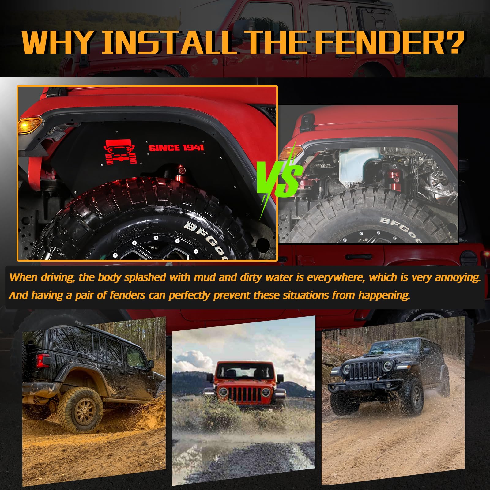 Aluminum Front Inner Fender Liners with 4 LED Lights for 2018-2022 Jeep Wrangler JL & JLU Unlimited (2 & 4 Door) - Off-Road Protection & Enhanced Visibility for Night Driving