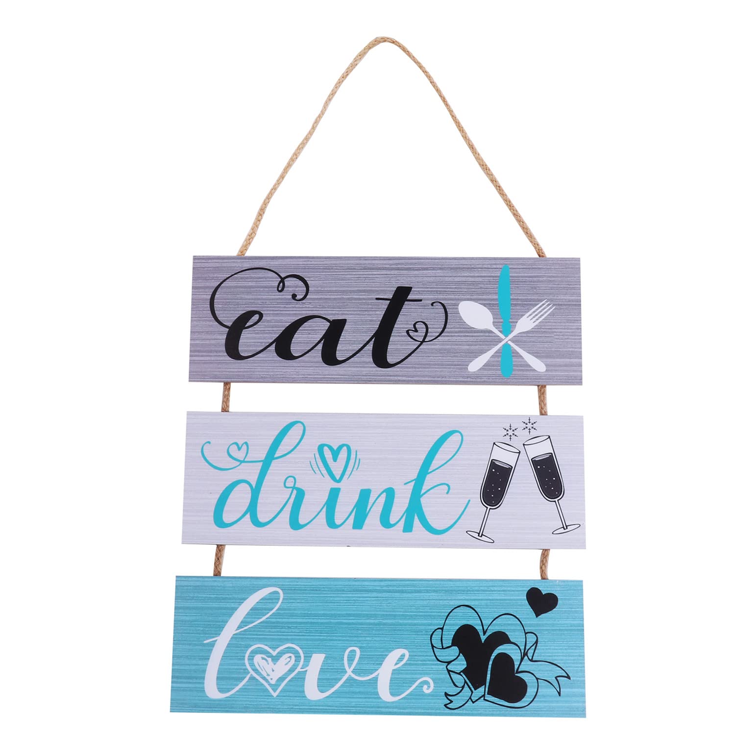 Kersiki 3-Piece Wooden Kitchen Wall Decor Set - Rustic 'Eat Drink Love' Hanging Signs for Farmhouse, Home, Kitchen, Dining Room, Living Room & Cafe - Blue and Grey - Perfect for Country Style Kitchens & Coffee Shop Decor