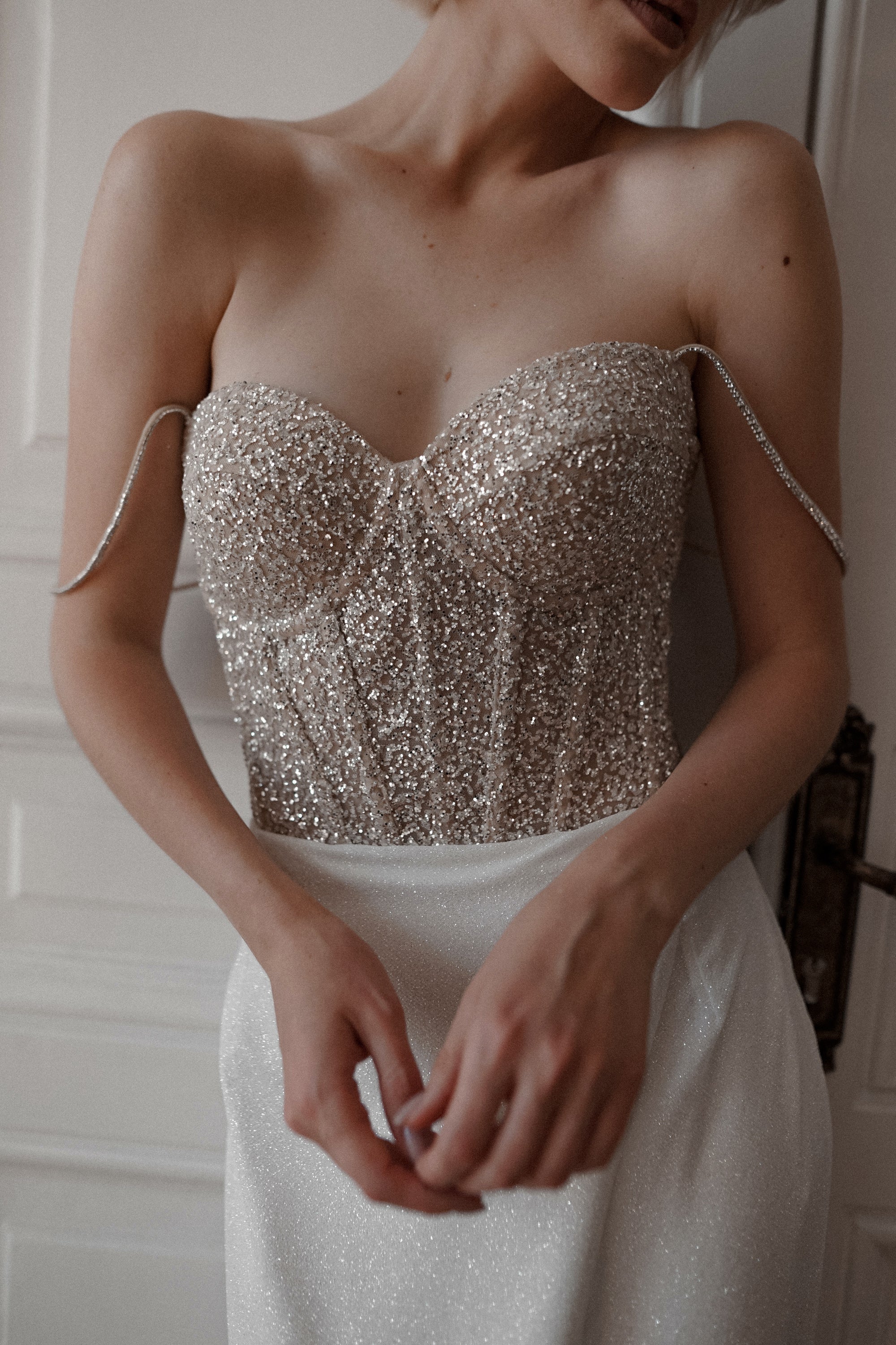 Sparkly A-Line Wedding Dress with Beaded Detailing - Elegant Madonna Style Bridal Gown for Church Ceremony & Romantic Reception