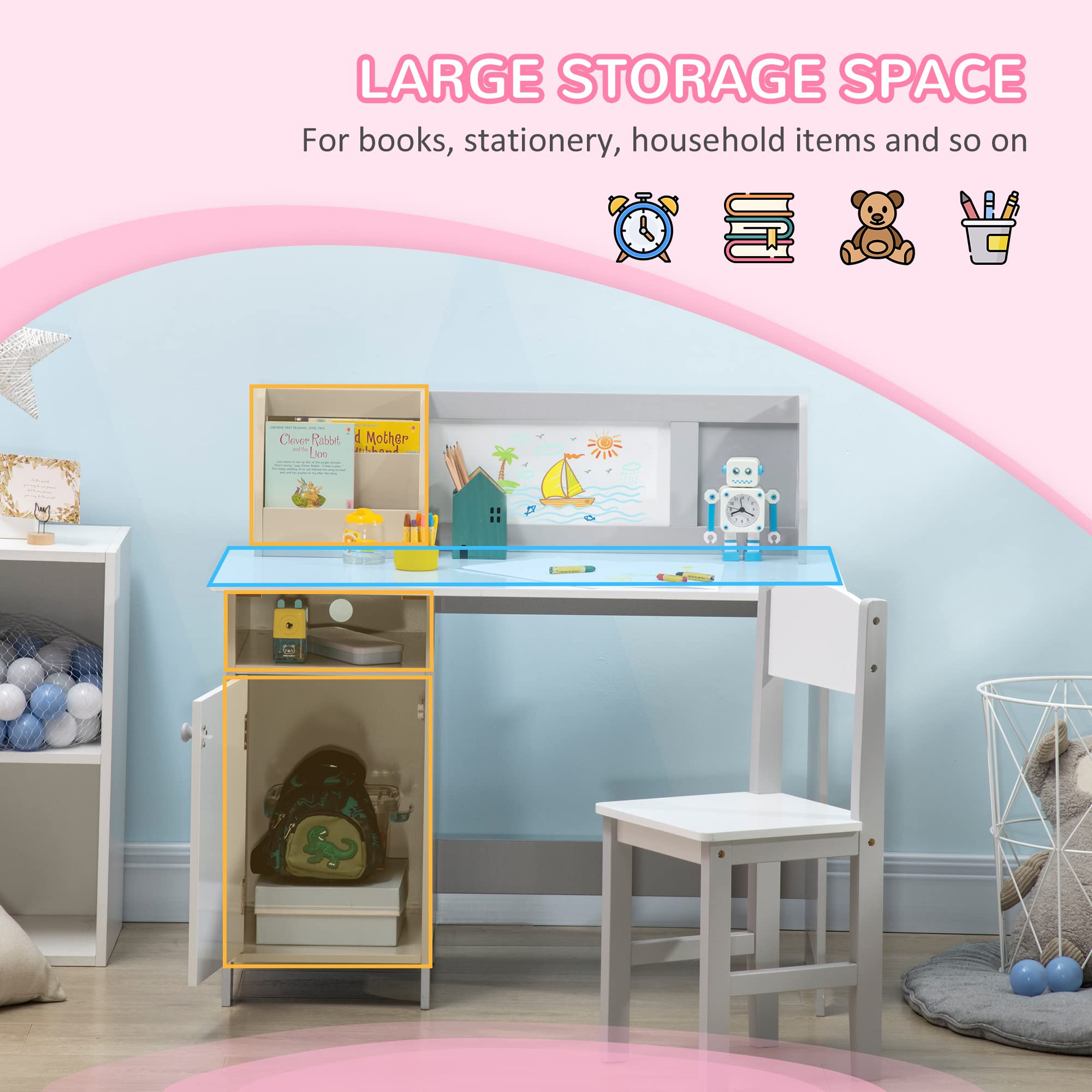 Qaba Kids Study Desk and Chair Set with Whiteboard, 2-Piece Adjustable Children's Table & Chair with Storage Shelves - Perfect for Homework, Art, Computer Work & Small Spaces (Grey)