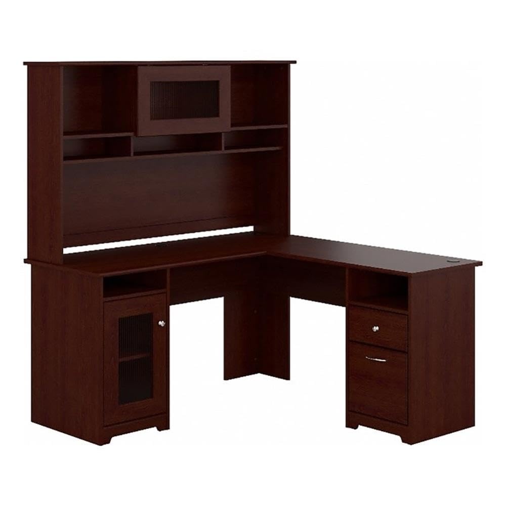 Pemberly Row Transitional Engineered Wood L-Shaped Computer Desk with Hutch in Cherry Finish - Home Office Workstation for Small Spaces & Modern Workspaces