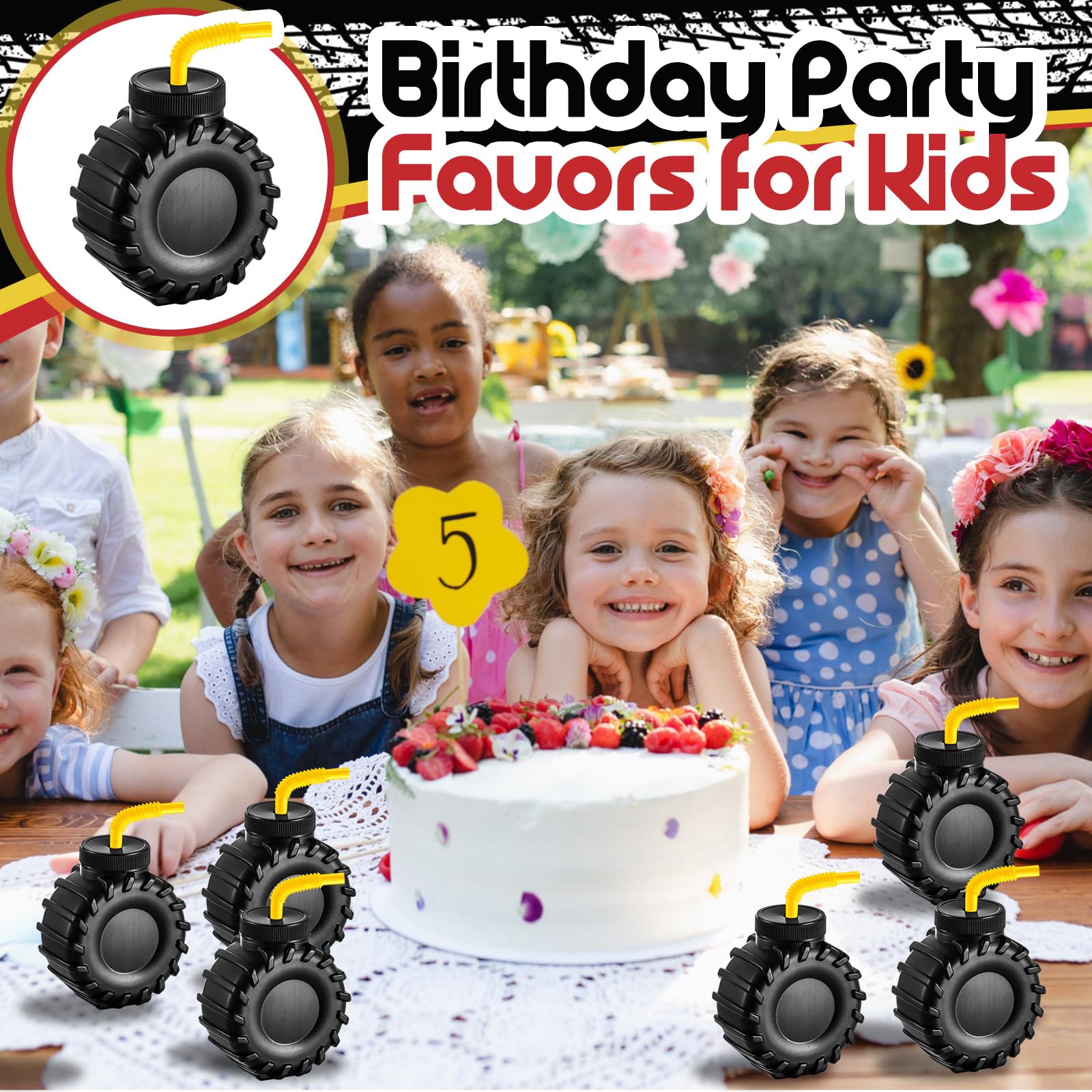 Amyhill 6-Piece 12 oz Construction Truck Cups Set with Orange Straws - Durable Plastic Kids Party Cups for Birthday, Construction Theme Party, Baby Shower & Summer BBQ Decorations